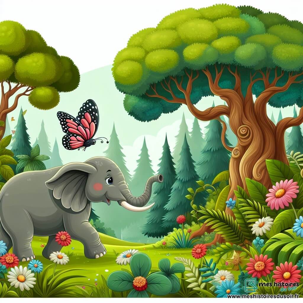 Une illustration destinée aux enfants représentant un éléphant majestueux, une petite papillon fille, se promenant dans une magnifique forêt verdoyante aux arbres anciens et aux fleurs chatoyantes.