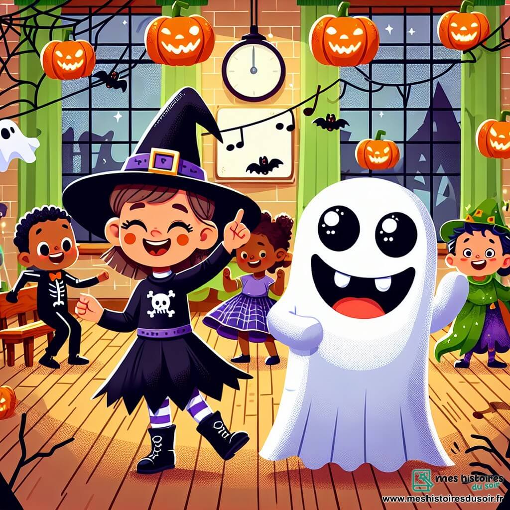 Une illustration sous forme de dessin destinée aux enfants représentant une salle de musique d'école décorée de toiles d'araignées et de lanternes en citrouille, où une petite fille de 5 ans, vêtue d'un costume de sorcière noir avec un chapeau pointu, danse joyeusement avec un petit fantôme amical aux grands yeux ronds et au sourire éclatant, tandis que plusieurs enfants, déguisés en monstres et sorcières, les regardent en riant, capturant l'esprit magique et amusant de la nuit d'Halloween.