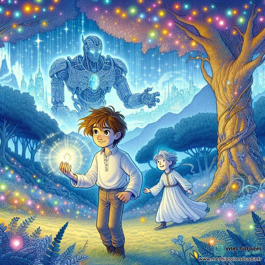 Une illustration sous forme de dessin destinée aux enfants représentant une forêt enchantée aux arbres luminescents, où un garçon de 12 ans aux cheveux bruns en bataille et aux yeux pétillants, tenant un cristal brillant dans sa main, se tient courageusement face à une jeune fille aux cheveux argentés et à la robe fluide, qui l'encourage avec un sourire déterminé, alors qu'ils se préparent à affronter une immense créature cybernétique menaçante à l'horizon, le tout baigné dans une lumière magique et colorée, symbolisant l'harmonie entre science et magie.