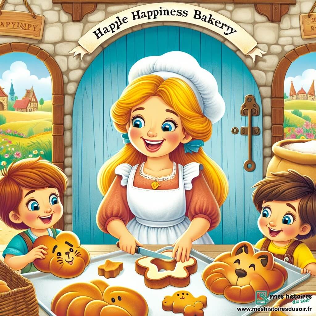 Une illustration destinée aux enfants représentant une boulangère au sourire chaleureux préparant des pains en forme d'animaux pour un pique-nique magique, accompagnée de deux enfants curieux, dans la pittoresque Boulangerie du Bonheur de Chantefarine, avec des pétrins géants et des sacs de farine en arrière-plan.