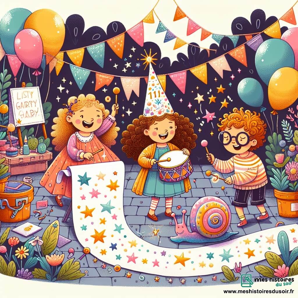 Une illustration sous forme de dessin destinée aux enfants représentant un jardin coloré décoré de guirlandes scintillantes et de ballons, où un groupe de trois enfants de 11 ans, deux filles aux cheveux bouclés et un garçon aux lunettes, s'amusent à organiser un festival, la fille aux cheveux bouclés portant un chapeau magique et tenant un tambour, tandis que l'autre fille dessine des étoiles sur une grande feuille, et le garçon rit en poussant un escargot coloré sur une petite piste, le tout baigné dans une lumière douce de fin d'après-midi, évoquant une atmosphère joyeuse et ludique.