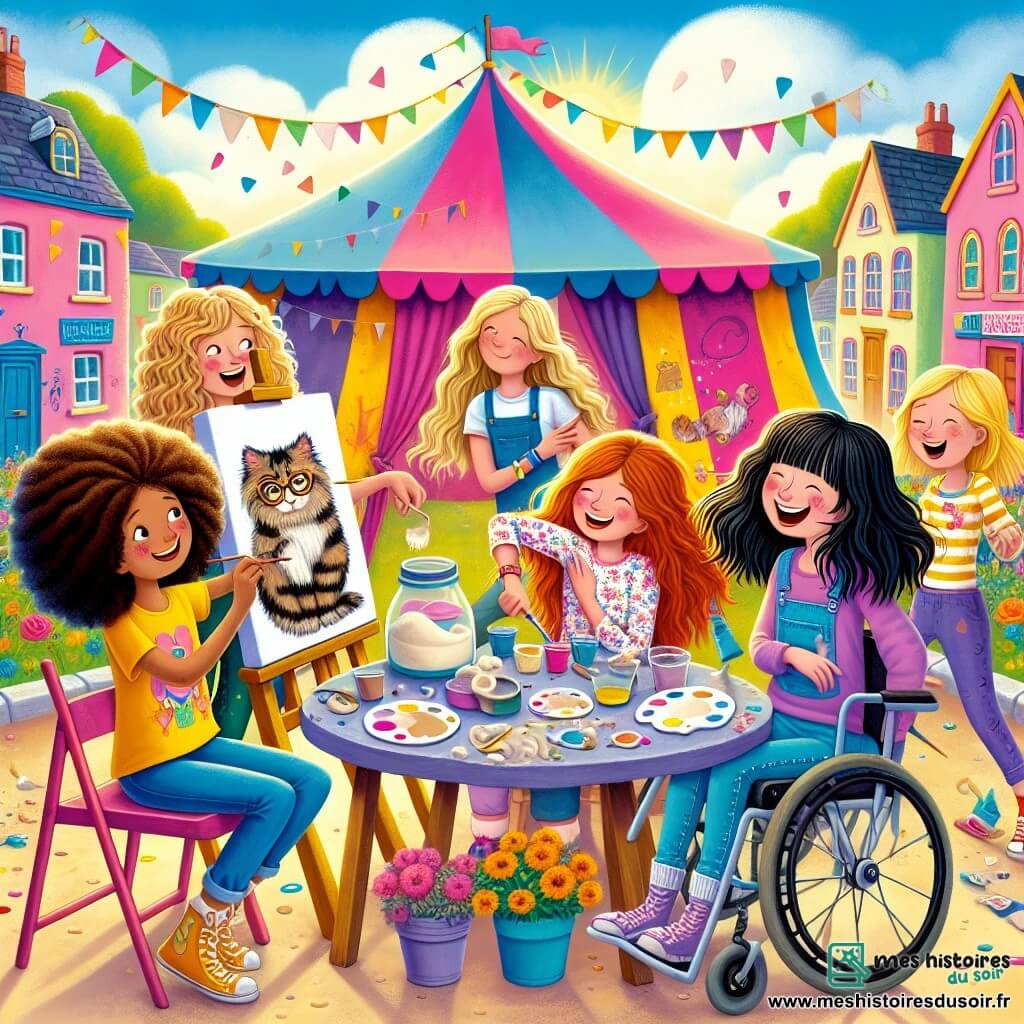 Illustration d'un grand chapiteau coloré sur une place de village ensoleillée, entouré de maisons pastel et de fleurs éclatantes. À l'intérieur, quatre amies rient autour d'une table. La première, 10 ans, cheveux bouclés bruns, t-shirt jaune et short en jean, s'apprête à peindre un portrait. La deuxième, aussi 10 ans, cheveux longs blonds, robe à fleurs, sourit en regardant son dessin d'un chat avec des lunettes. La troisième, 9 ans, cheveux raides noirs, t-shirt bleu et leggings, mélange des ingrédients dans un bol. La quatrième, 10 ans, en fauteuil roulant, cheveux châtains, sweat violet, rit en ajoutant un ingrédient. Elles préparent une épreuve loufoque pour un concours, entourées de mousse et de couleurs vives, avec des bulles de savon et des éclats de rire, créant une atmosphère joyeuse. Des pinceaux, pots de peinture et ingrédients improbables sont éparpillés sur la table, renforçant l'ambiance ludique.