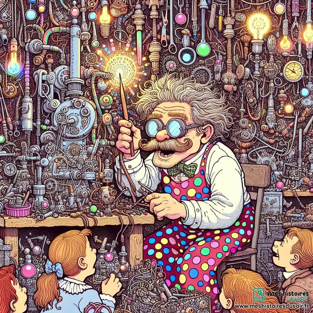 Une illustration sous forme de dessin destinée aux enfants représentant un atelier coloré et chaotique rempli d'outils et de matériaux brillants, où un homme à l'imagination débordante, portant un vieux tablier à pois et des lunettes glissant sur son nez, est en train de travailler sur une machine étrange qui scintille de lumières, tandis qu'un groupe d'enfants, dont une fille aux couettes et un garçon aux cheveux ébouriffés, l'observe avec émerveillement, impatients de découvrir les résultats de ses inventions farfelues.