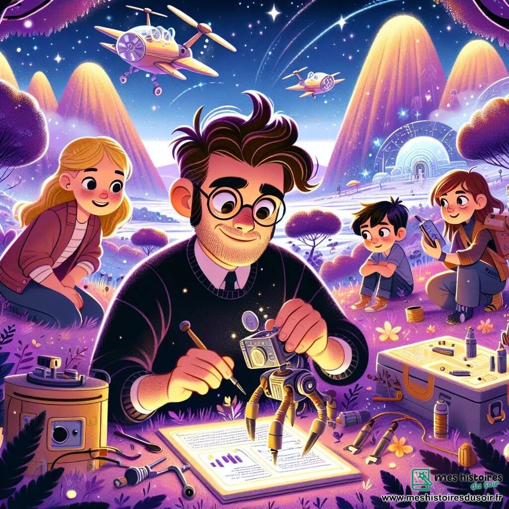 Une illustration sous forme de dessin destinée aux enfants représentant un paysage féerique de la planète Zorba, avec des forêts d'arbres violets et des montagnes dorées, où un homme aux cheveux bruns ébouriffés et portant des lunettes rondes, concentré et souriant, utilise des outils pour réparer un vaisseau spatial en détresse, entouré de trois enfants : une fille aux cheveux blonds qui observe avec émerveillement, un garçon aux lunettes qui prend des notes sur une tablette, et une autre fille aux cheveux bruns qui manipule un petit robot assistant, tous unis dans une mission de sauvetage intergalactique, sous un ciel étoilé scintillant.