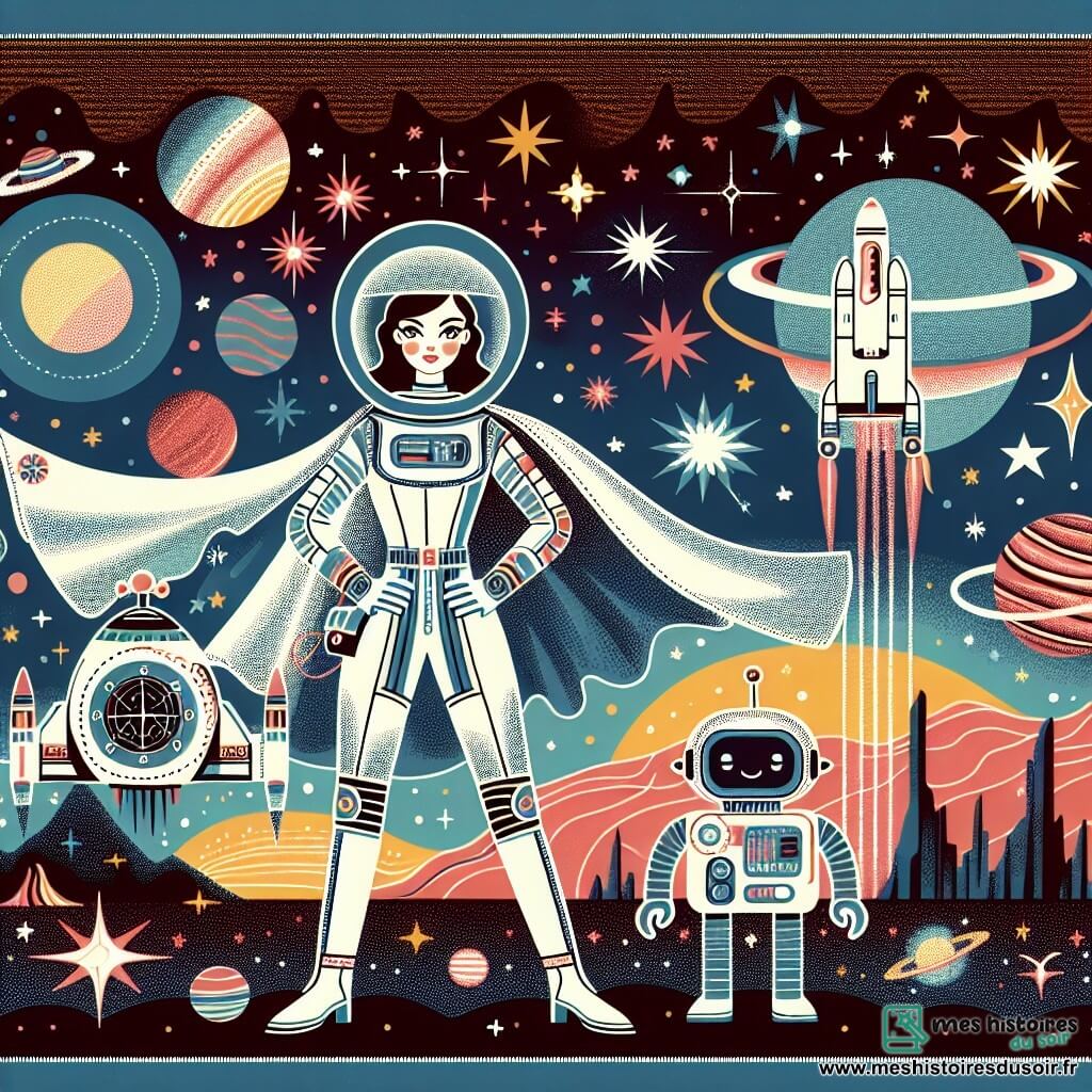 Une illustration destinée aux enfants représentant une femme intrépide, vêtue d'une combinaison spatiale, se tenant devant un vaisseau spatial futuriste, accompagnée d'un adorable robot compagnon, dans un paysage intergalactique rempli d'étoiles scintillantes et de planètes colorées.