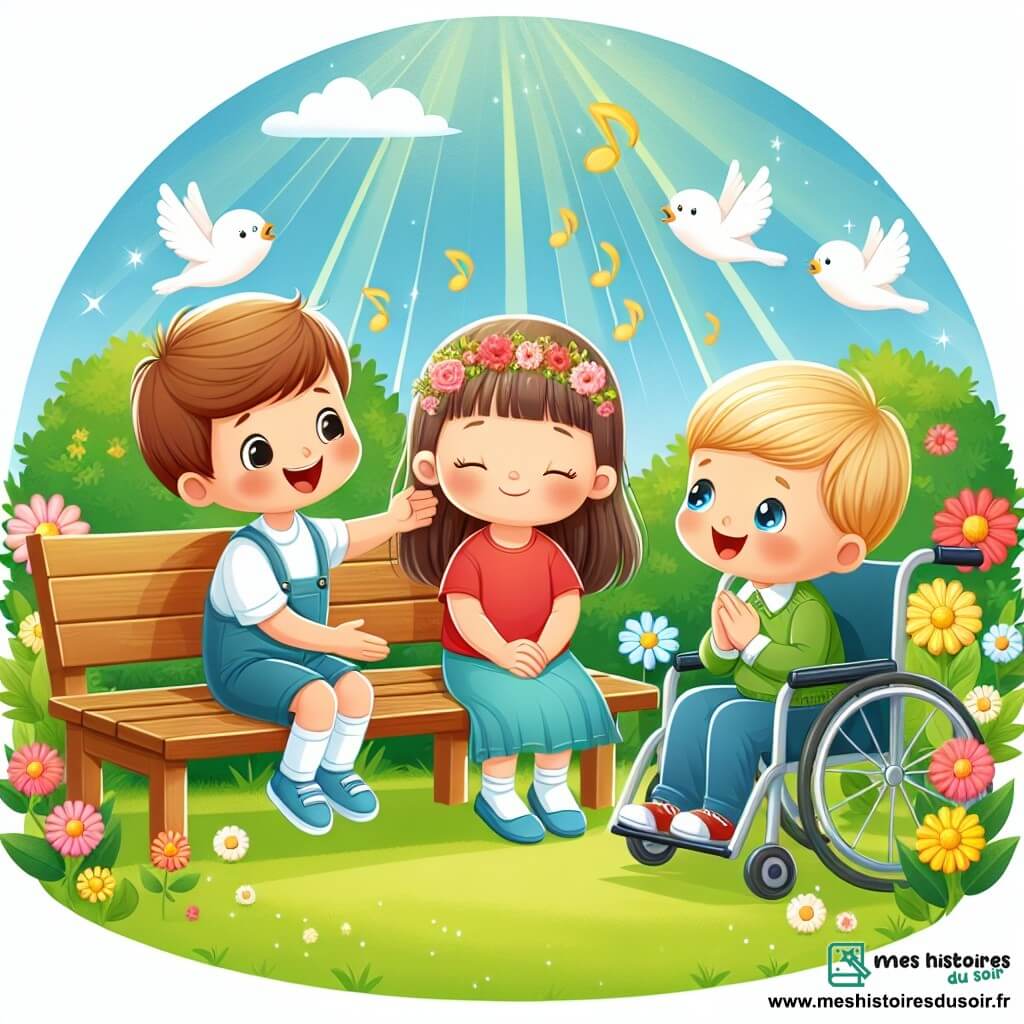 Une illustration destinée aux enfants représentant un petit garçon rayonnant de gentillesse, faisant la rencontre d'une petite fille triste sur un banc, accompagnés d'un garçon en fauteuil roulant, dans un parc verdoyant parsemé de fleurs colorées et d'oiseaux chantants.