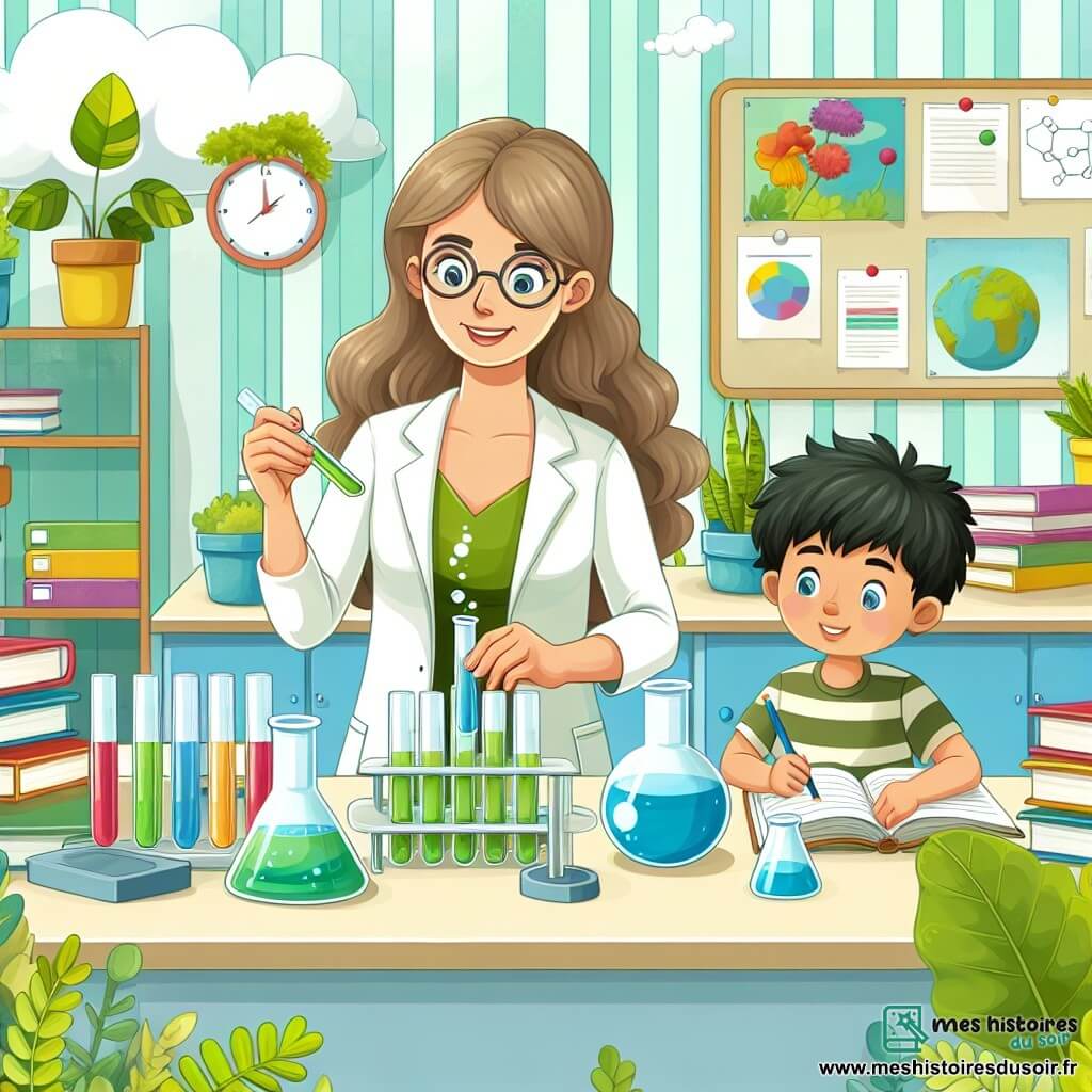 Une illustration destinée aux enfants représentant une institutrice dynamique préparant une expérience scientifique avec ses élèves, accompagnée d'un petit garçon curieux, dans une salle de classe lumineuse et colorée remplie de plantes vertes et de livres aux couvertures colorées.