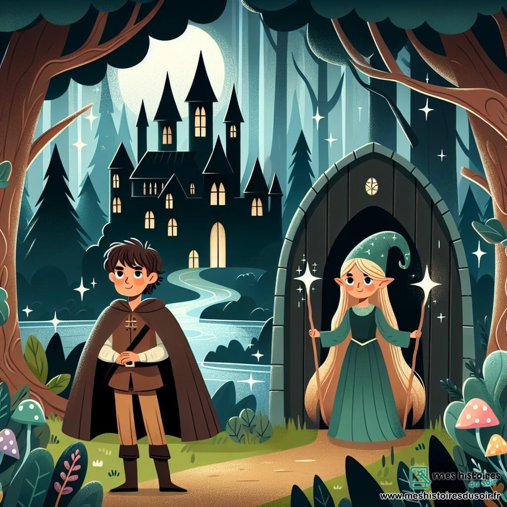 Une illustration destinée aux enfants représentant un jeune homme courageux se tenant devant un château sombre, accompagné d'une magicienne aux yeux pétillants, dans une forêt enchantée où les arbres chantaient et les rivières murmuraient des secrets anciens.