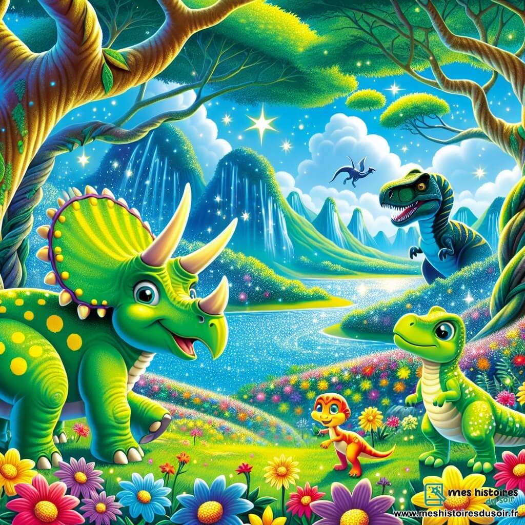 Illustration destinée aux enfants représentant une vallée préhistorique vibrante, où des fleurs éclatantes de toutes les couleurs dansent sous un ciel bleu azur, entourée de grands arbres tortueux et de montagnes lointaines. Au centre, un jeune tricératops à la peau verte parsemée de taches jaunes se tient fièrement, ses cornes majestueuses pointant vers le ciel, tandis qu'il observe avec curiosité une rivière scintillante qui semble enchantée. À ses côtés, un petit lézard aux écailles brillantes, aux yeux pétillants, s'élance avec enthousiasme, tandis qu'une iguanodon au sourire malicieux se prépare à faire une blague. Ensemble, ils se tiennent devant la rivière magique, prêts à relever un défi mystérieux, entourés d'étincelles lumineuses et de l'ombre d'un grand tyrannosaure qui les observe de loin, créant une atmosphère d'aventure et de camaraderie.