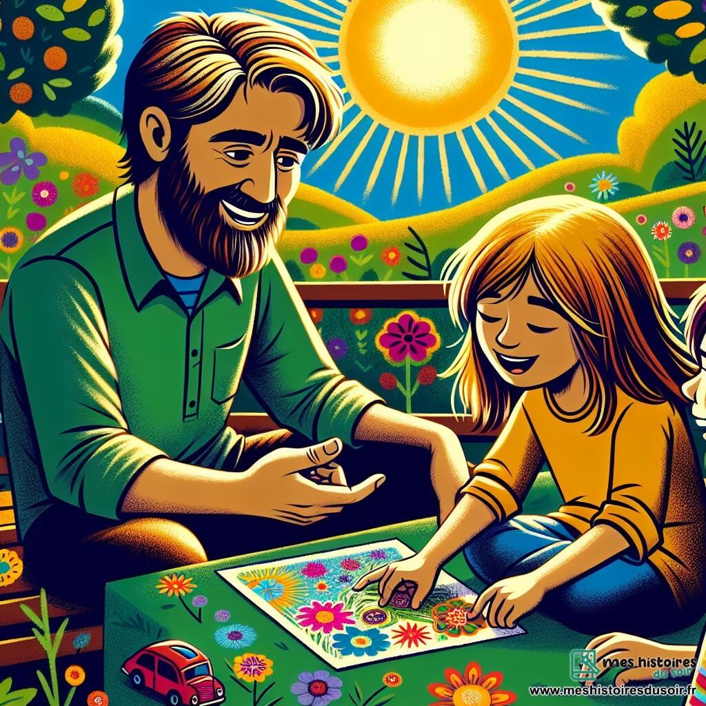 Une illustration sous forme de dessin destinée aux enfants représentant un jardin verdoyant et ensoleillé, où un homme d'une quarantaine d'années, aux cheveux bruns parsemés de fils d'argent et portant une barbe soigneusement taillée, est assis sur un banc, souriant tendrement à sa fille, une petite fille de huit ans aux cheveux blonds et longs, qui lui montre fièrement un dessin coloré de fleurs, tandis que son petit frère, un garçon de six ans aux cheveux châtains, joue joyeusement avec une petite voiture rouge à ses pieds, symbolisant les retrouvailles chaleureuses d'une famille après une longue séparation due à la guerre.