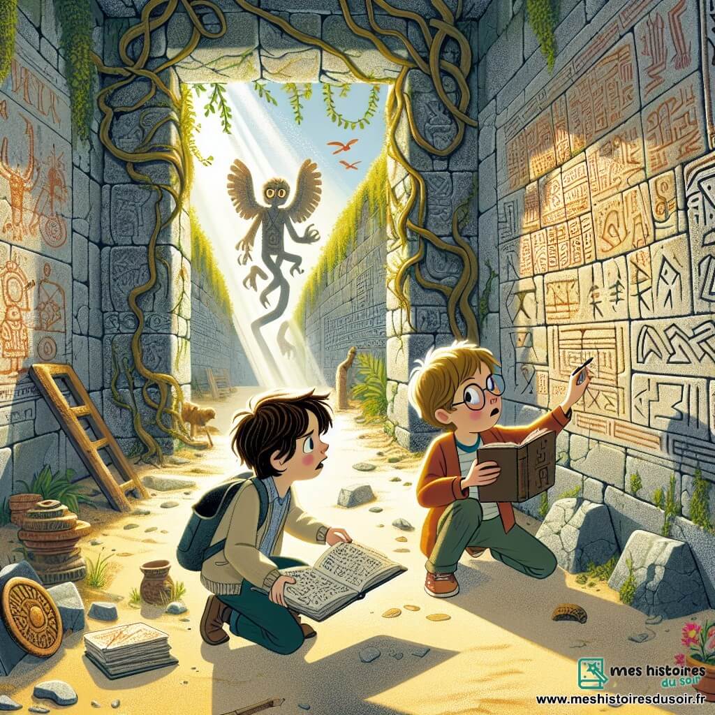 Illustration d'une ancienne ruine mystérieuse, couverte de lianes et de mousse, avec des pierres grises et des symboles étranges sur les murs. La lumière du soleil filtre à travers les fissures, projetant des ombres dansantes sur le sol. Au centre, un jeune garçon d'environ 12 ans, aux cheveux châtains en bataille et aux yeux curieux, tient une carte ancienne, le regard déterminé. À ses côtés, un autre garçon du même âge, aux cheveux blonds et lunettes rondes, observe les fresques murales et prend des notes. Ils tentent de résoudre une énigme posée par un mystérieux Gardien des Secrets, une silhouette imposante avec une longue barbe grise. L'atmosphère est chargée de mystère et d'excitation, avec des oiseaux colorés volant au-dessus d'eux et des fleurs sauvages le long du chemin.