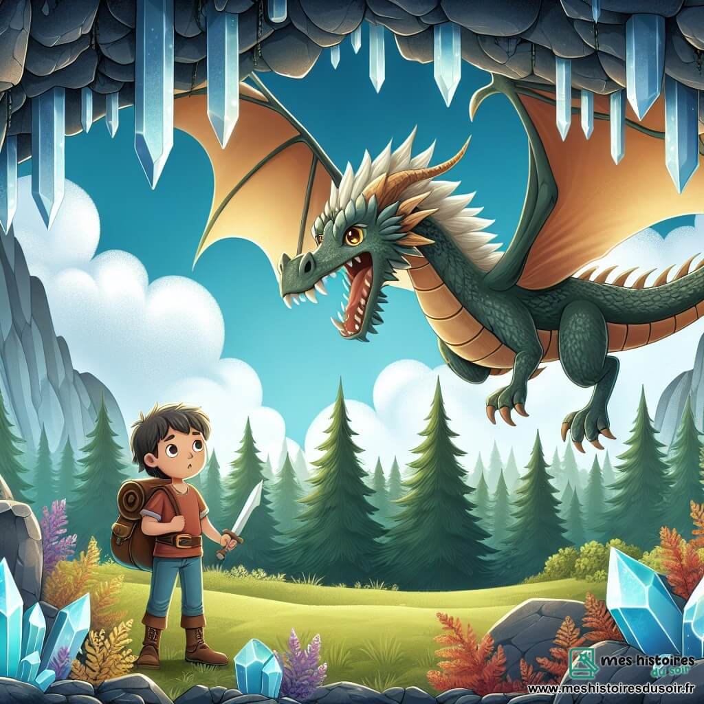 Une illustration destinée aux enfants représentant un dragon majestueux survolant une forêt enchantée, accompagné d'un jeune explorateur courageux, se déroulant dans une clairière cachée aux parois ornées de cristaux scintillants.