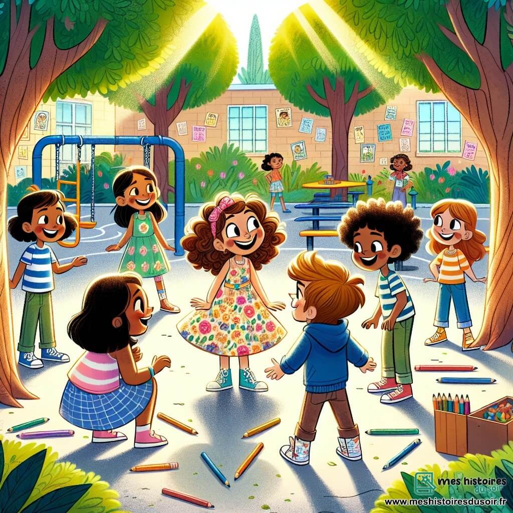Illustration destinée aux enfants représentant une scène animée dans la cour d'une école élémentaire ensoleillée, entourée de grands arbres aux feuilles vertes vibrantes et de jeux colorés. Au centre, un groupe d'enfants de 9 ans, composé de deux filles aux cheveux châtains et bouclés, l'une portant une robe à fleurs et l'autre un t-shirt rayé, ainsi qu'un garçon aux cheveux bruns en bataille, vêtu d'un sweat à capuche bleu, se tient en cercle, riant et échangeant des idées pour leur spectacle de talents. L'atmosphère est joyeuse, remplie de créativité, avec des crayons de couleur éparpillés sur le sol et des dessins accrochés aux murs, illustrant leur enthousiasme pour l'écriture et le théâtre.