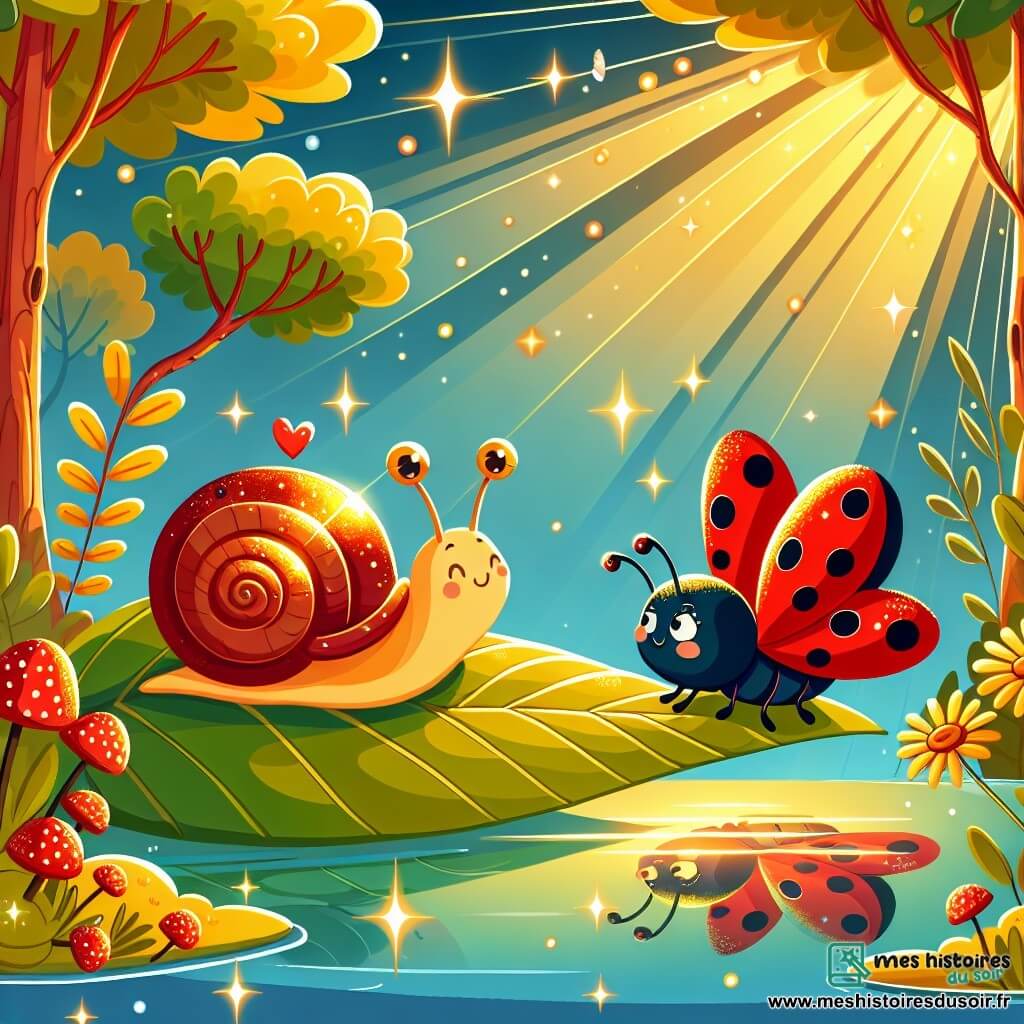 Une illustration sous forme de dessin destinée aux enfants représentant une forêt enchantée baignée par la lumière dorée du soleil, où un petit escargot à la coquille scintillante, se déplaçant lentement sur une feuille verte, est accompagné par une coccinelle joyeuse aux ailes rouges à pois noirs, alors qu'ils contemplent émerveillés la rivière des Rêves qui scintille comme un miroir, symbolisant leur désir d'amitié éternelle et d'aventures à venir.
