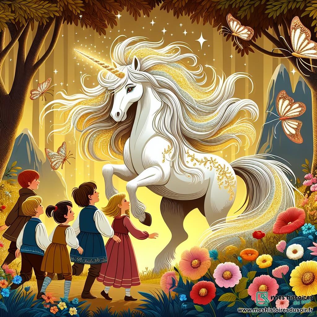 Une illustration sous forme de dessin destinée aux enfants représentant une forêt enchantée baignée de lumière dorée, où une magnifique licorne femelle à la crinière argentée et scintillante se tient majestueusement au centre, entourée de fleurs colorées et de papillons virevoltants, tandis qu'un groupe d'enfants curieux, garçons et filles aux visages émerveillés, s'approche d'elle avec des yeux pétillants d'excitation, prêts à découvrir la magie de l'aventure qui les attend.