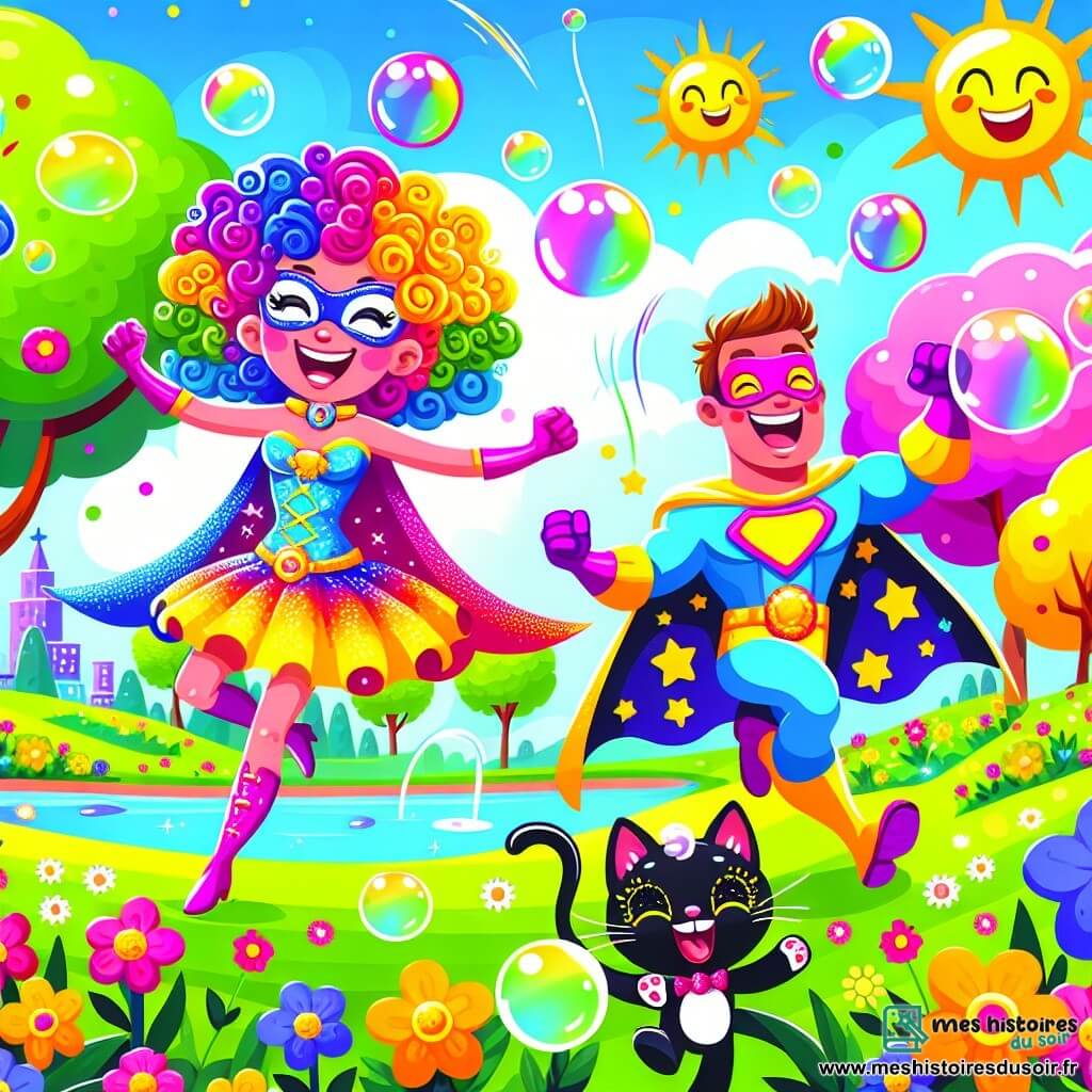 Une illustration sous forme de dessin destinée aux enfants représentant un parc ensoleillé avec des arbres colorés et des fleurs éclatantes, où une super-héroïne joyeuse, une femme aux cheveux bouclés et multicolores, porte un costume brillant et fait un saut avec un grand coucou, entourée de bulles de savon qui flottent autour d'elle ; à ses côtés, un petit chat noir aux yeux pétillants, Mousse, qui ronronne joyeusement et fait apparaître des poissons en plastique dans les airs, tandis qu'un super-héros comique, un homme avec un costume de chewing-gum et un grand sourire, éclate des bulles géantes, créant une ambiance ludique et pleine de rires.
