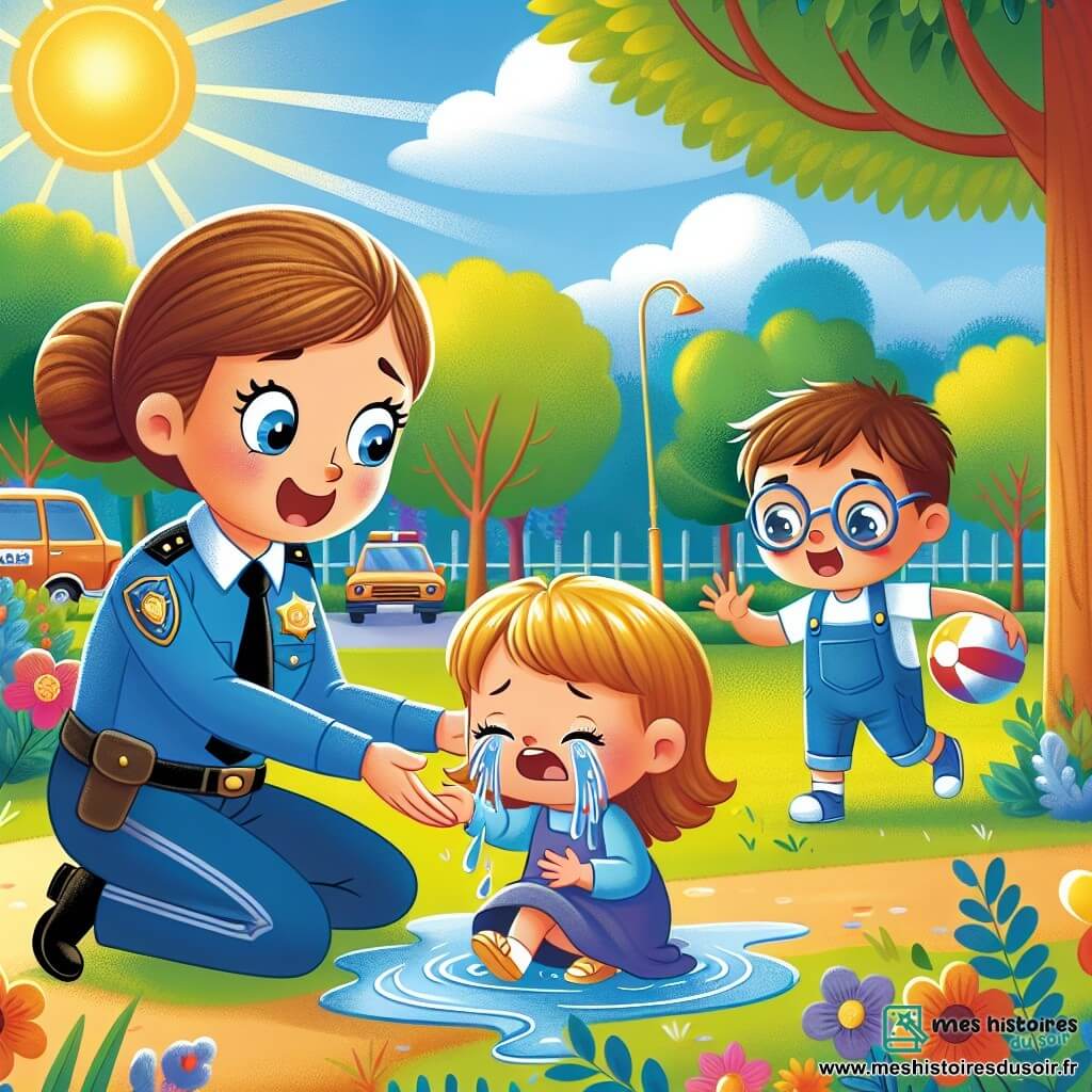 Une illustration sous forme de dessin destinée aux enfants représentant un parc ensoleillé avec des arbres colorés et des fleurs éclatantes, où une policière souriante, une femme aux cheveux bruns attachés en chignon et portant un uniforme bleu, aide une petite fille aux cheveux blonds et aux yeux pétillants qui pleure, tandis qu'un garçon aux cheveux châtains et aux lunettes s'approche pour ramasser un ballon tombé dans une flaque d'eau, illustrant l'importance de l'entraide et de la gentillesse.