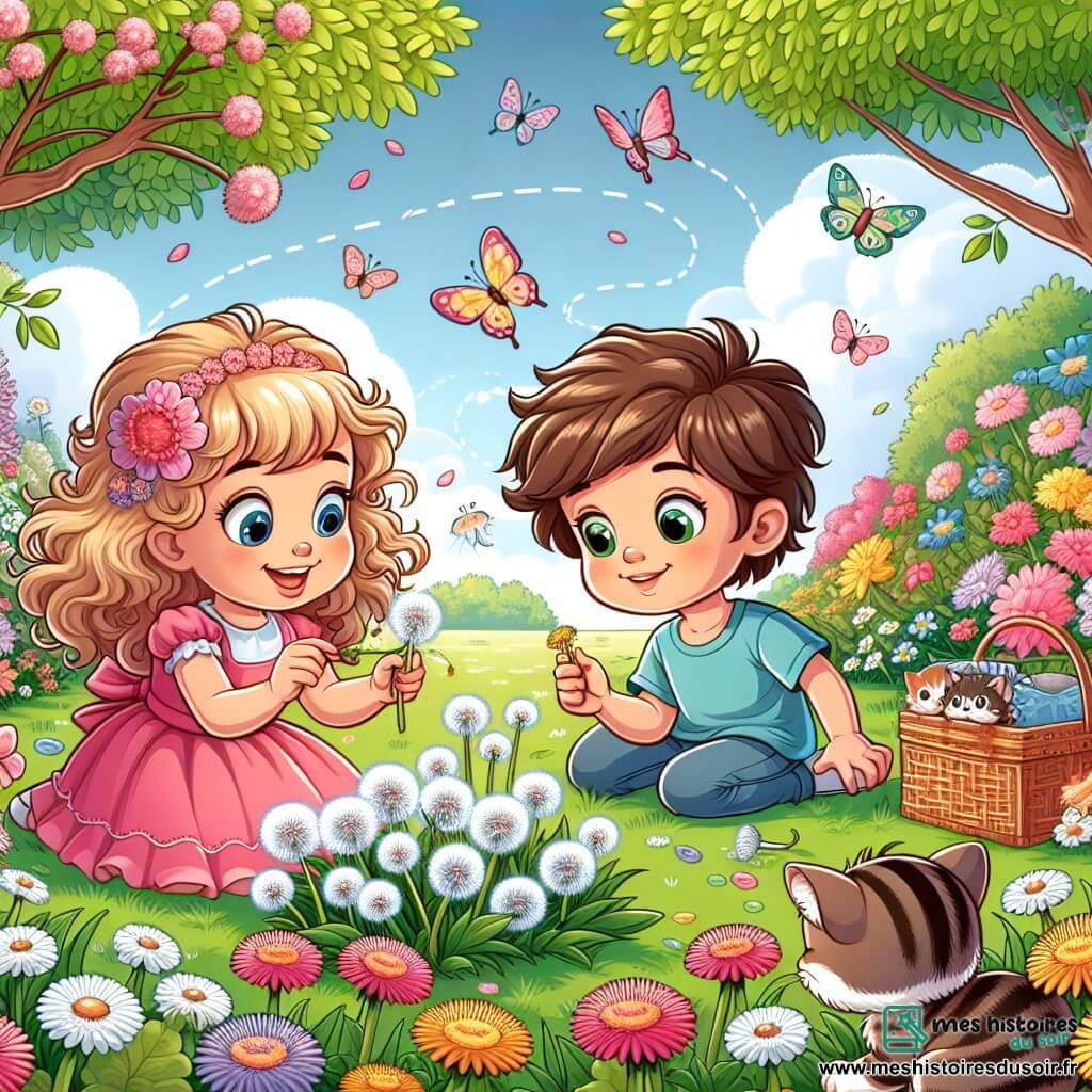 Une illustration sous forme de dessin destinée aux enfants représentant un parc en plein printemps, rempli de fleurs colorées et d'arbres en fleurs, où une petite fille de 5 ans aux cheveux bouclés et blonds, vêtue d'une robe rose, est accroupie en train de cueillir des pissenlits, tandis qu'un garçon de son âge aux cheveux bruns et portant un t-shirt bleu l'observe avec un grand sourire, tous deux entourés de papillons virevoltant et d'un petit chaton tigré qui les regarde curieusement, capturant l'instant joyeux de leur pique-nique et de leur découverte d'un nouvel ami.