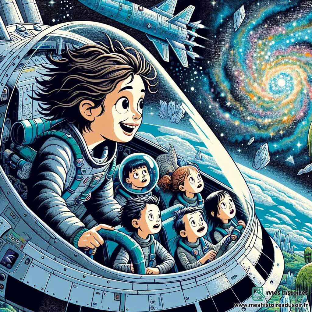 Une illustration sous forme de dessin destinée aux enfants représentant un vaisseau spatial argenté et bleu flottant au-dessus d'une planète mystérieuse aux paysages verdoyants et cristallins, avec une femme pilote aux cheveux bruns en bataille, souriante et déterminée, observant à travers le cockpit, tandis que cinq enfants, trois filles aux yeux pétillants et deux garçons curieux, s'émerveillent devant les merveilles de l'espace, tous captivés par la beauté de la nébuleuse colorée visible à travers les fenêtres, symbolisant leur aventure d'exploration et de découverte dans l'univers.