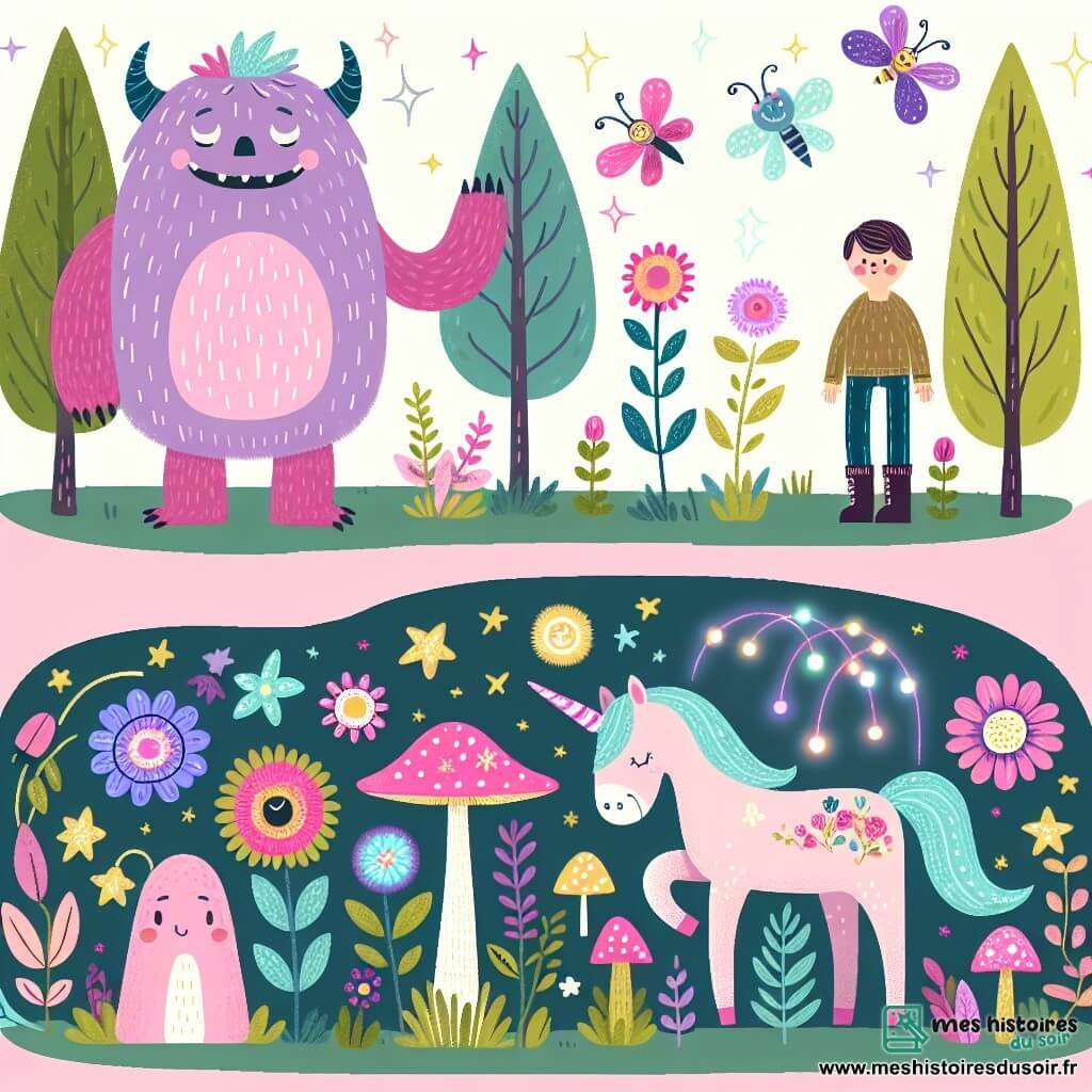 Une illustration destinée aux enfants représentant un monstre gentil, une licorne rose en détresse, et une clairière enchantée remplie de fleurs multicolores, de lucioles dansantes et de champignons lumineux.