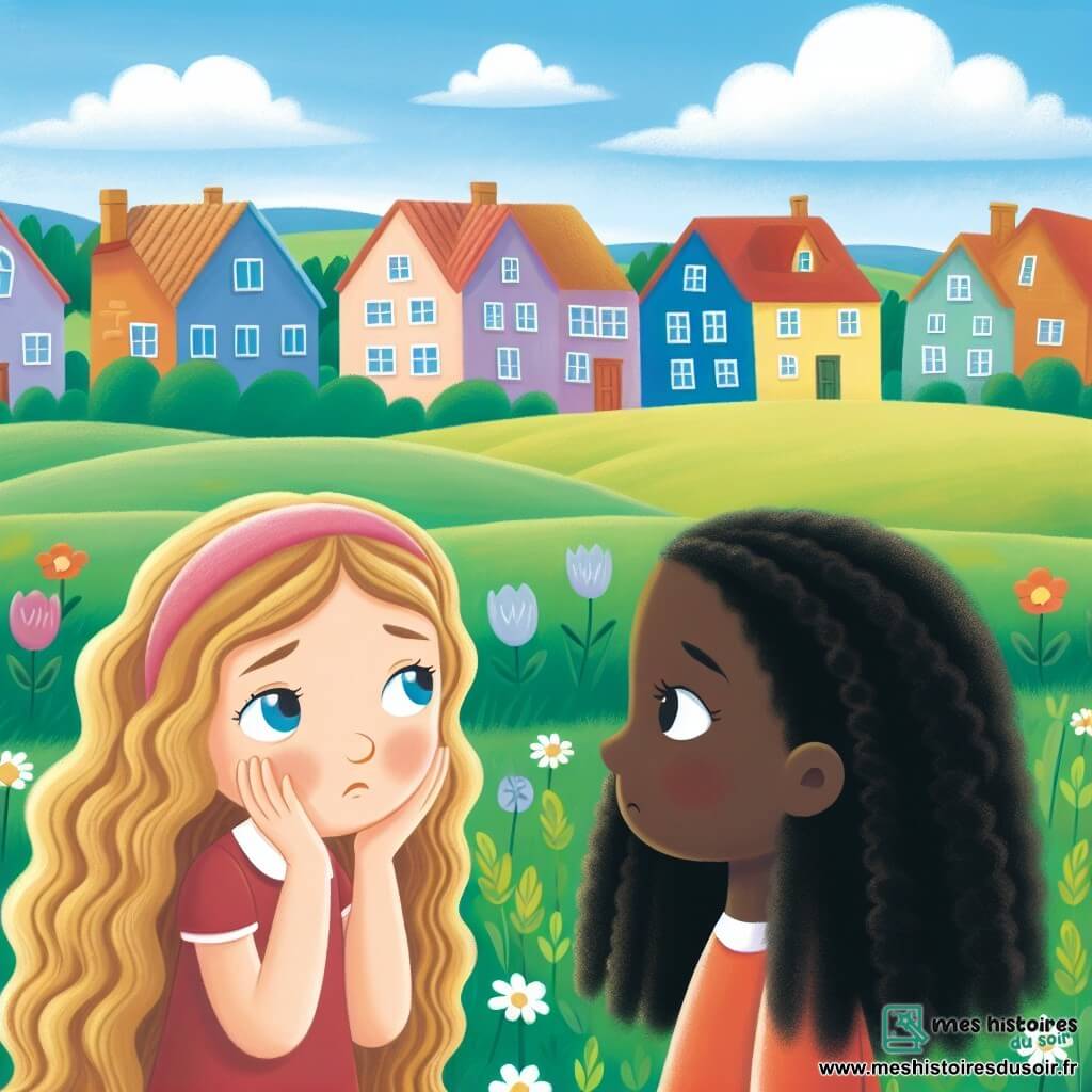 Une illustration destinée aux enfants représentant une fillette aux longs cheveux bouclés, confrontée à des remarques désobligeantes sur la couleur de peau d'une nouvelle amie aux cheveux noirs, dans un village paisible entouré de champs verdoyants et de maisons colorées.