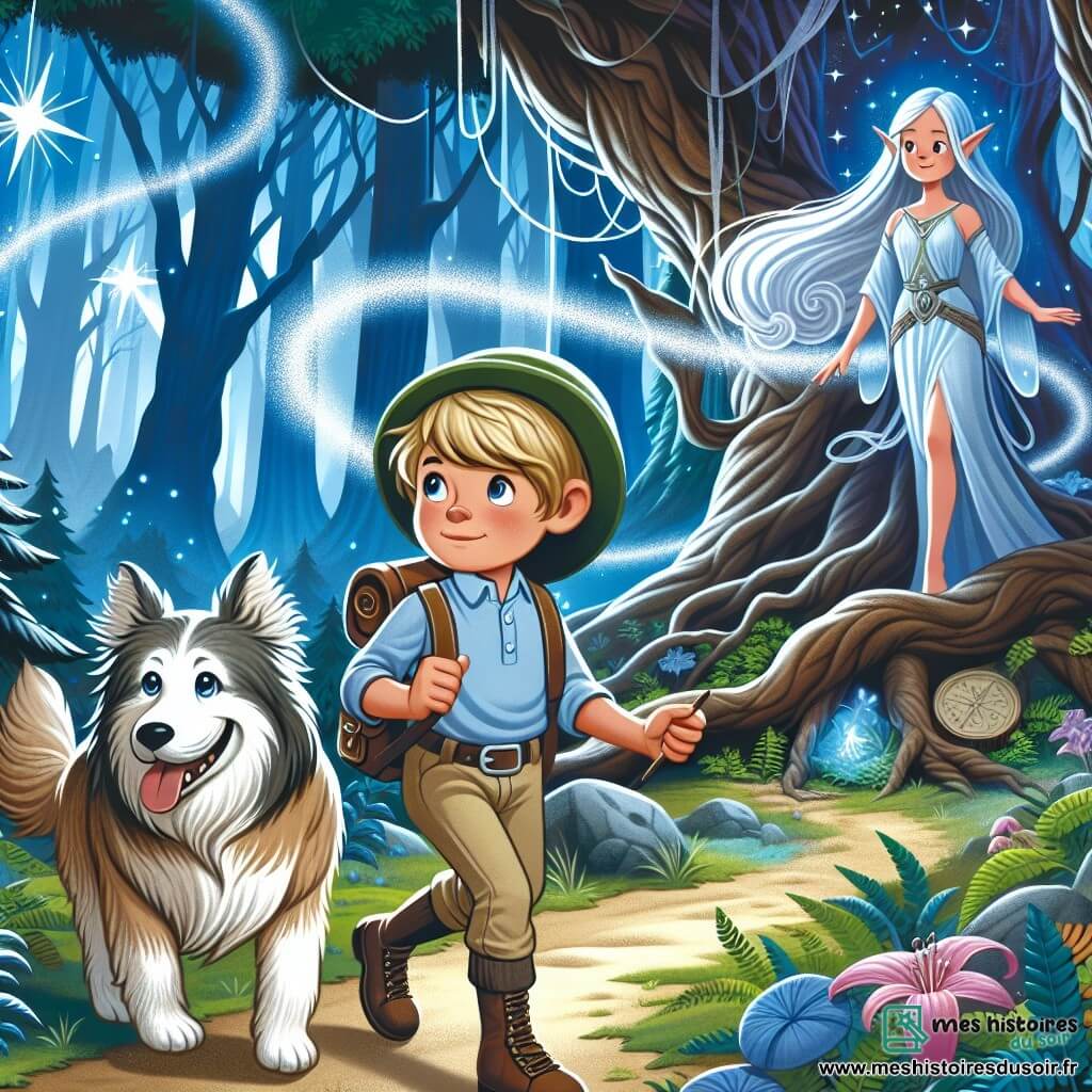 Une illustration destinée aux enfants représentant un jeune garçon courageux en quête de l'étoile mystérieuse, accompagné de son fidèle chien Boomer, explorant une forêt enchantée aux arbres gigantesques et aux rayons de lumière dansants, où réside une dame elfique aux cheveux d'argent.