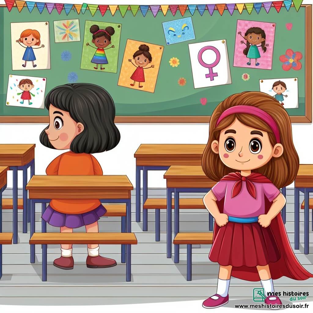 Une illustration destinée aux enfants représentant une fillette courageuse défendant l'égalité des sexes face aux préjugés, accompagnée d'une autre petite fille timide, dans une salle de classe colorée avec des dessins joyeux accrochés aux murs et des pupitres en bois alignés.