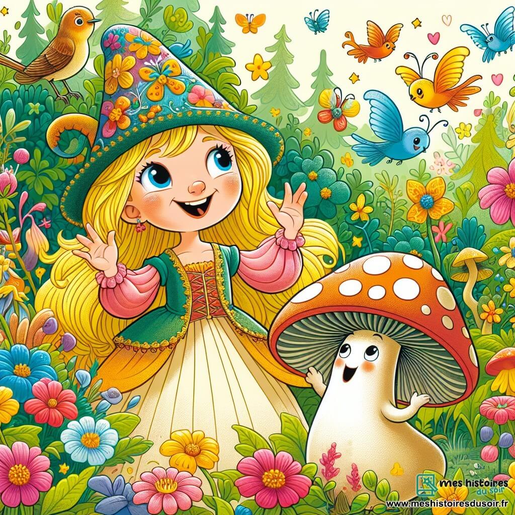 Une illustration sous forme de dessin destinée aux enfants représentant un jardin magique aux couleurs vives, rempli de fleurs éclatantes et de créatures enchantées, où une princesse aux cheveux dorés et aux yeux pétillants rit joyeusement en jouant avec un petit lutin espiègle, ressemblant à un champignon avec un chapeau pointu, alors qu'ils cherchent ensemble la coquine fleur du rire, entourés d'oiseaux curieux et de papillons dansants.