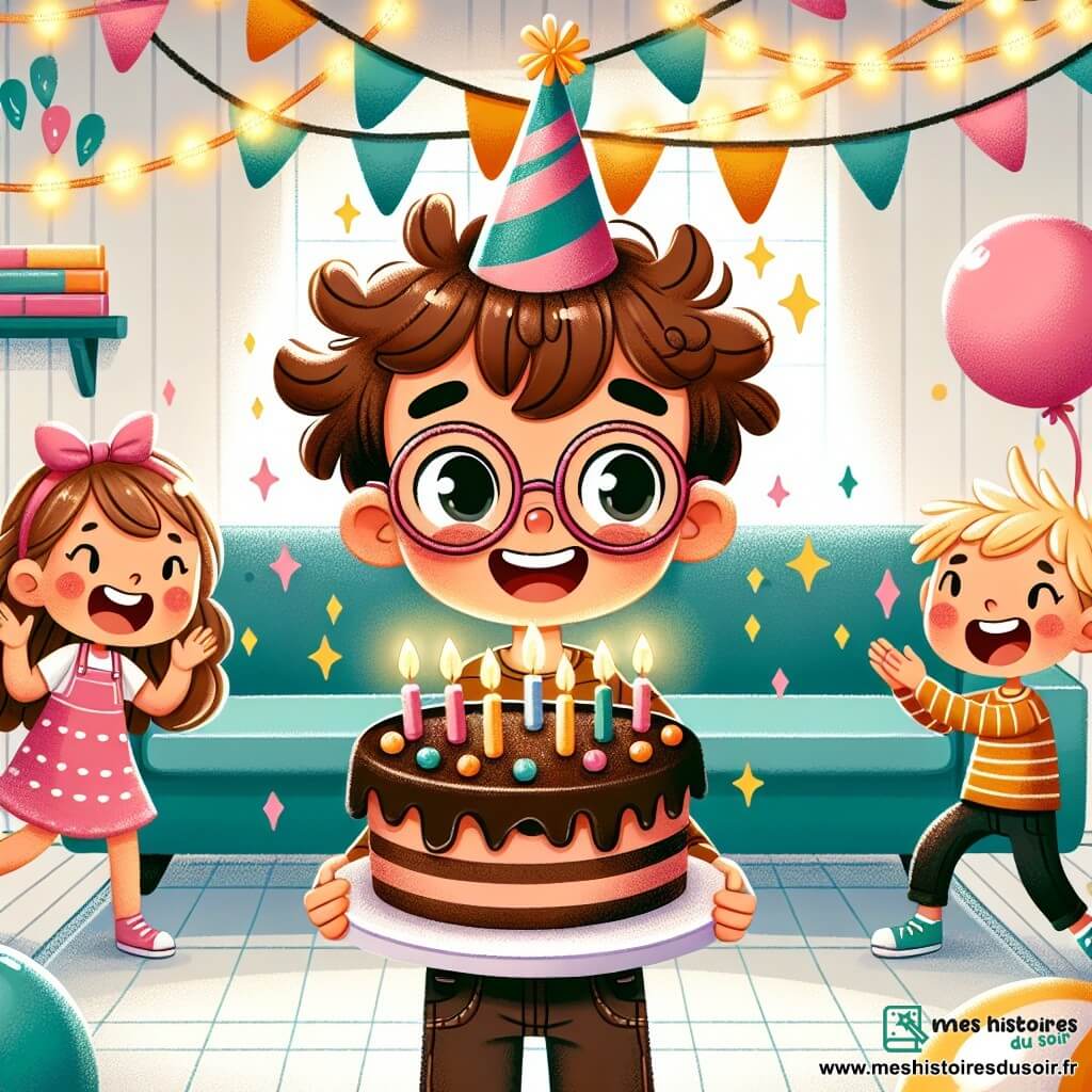 Une illustration sous forme de dessin destinée aux enfants représentant un salon coloré décoré de guirlandes et de ballons, avec un garçon de 6 ans aux cheveux bruns et bouclés, souriant joyeusement en tenant un énorme gâteau au chocolat avec des bougies allumées, entouré de ses amis : une fille aux lunettes roses qui applaudit avec enthousiasme et un garçon aux cheveux blonds qui danse, tous deux remplis d'excitation pour célébrer une fête d'anniversaire magique.