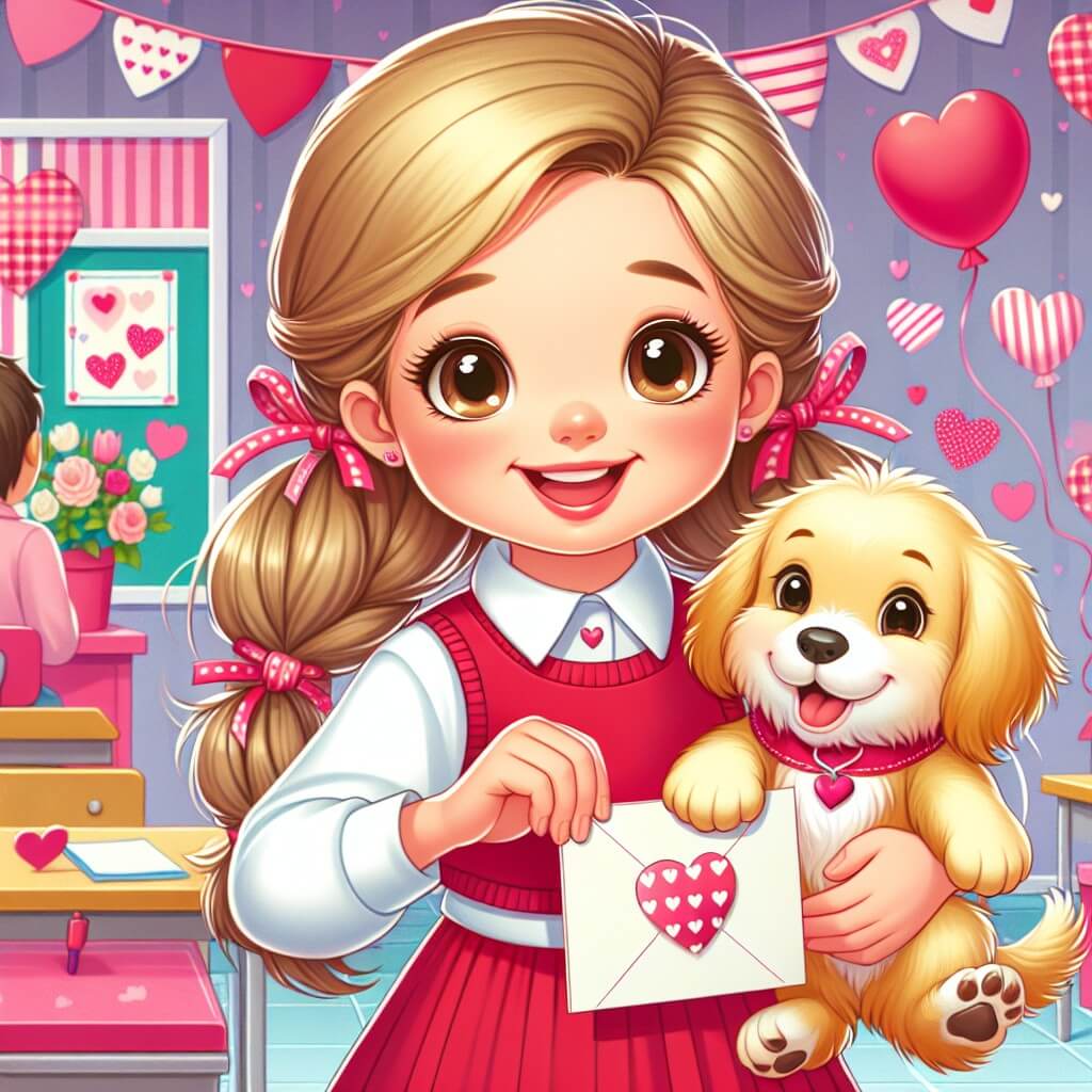 Une illustration destinée aux enfants représentant une jeune fille rayonnante, distribuant des cartes de vœux à des amis, accompagnée d'un adorable chiot, dans une classe colorée décorée de cœurs et de ballons pour célébrer la Saint-Valentin.