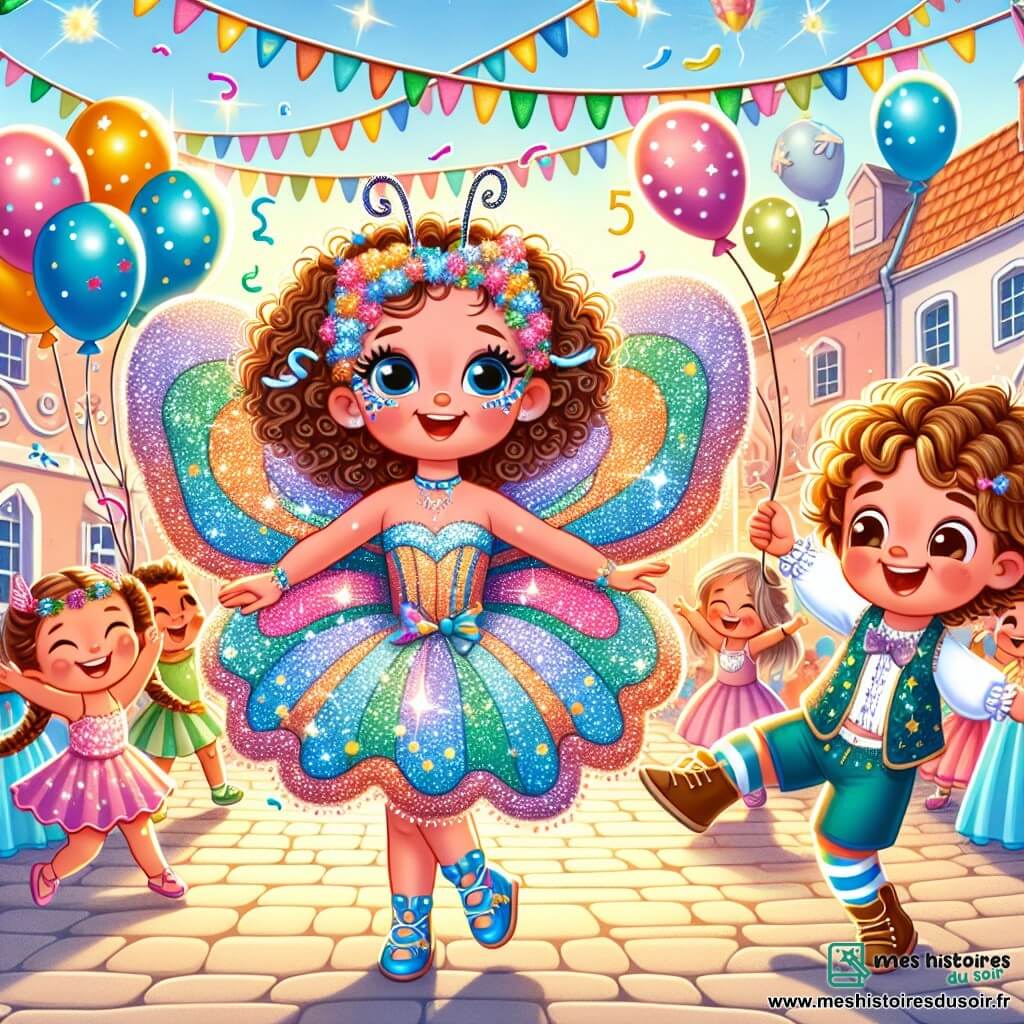 Une illustration sous forme de dessin destinée aux enfants représentant un carnaval coloré dans une petite ville ensoleillée, avec des guirlandes de couleurs vives et des ballons flottants dans le ciel, où une petite fille de 5 ans aux cheveux bouclés et aux grands yeux brillants, habillée en magnifique papillon avec des ailes scintillantes, danse joyeusement au milieu de la fête, entourée de ses amis : un garçon aux cheveux ébouriffés qui jongle avec des ballons multicolores et une fille aux cheveux tressés portant une robe étoilée, tous deux riant et s'amusant ensemble, tandis que des enfants dansent et chantent autour d'eux, créant une atmosphère de bonheur et de magie.
