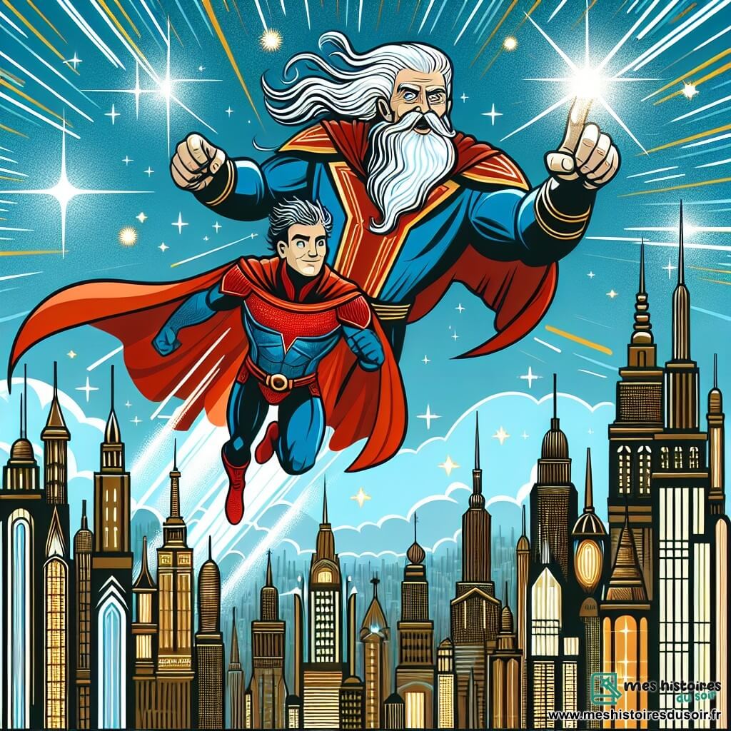 Une illustration destinée aux enfants représentant un homme courageux, vêtu d'un costume bleu et rouge, volant dans les airs au-dessus d'une ville fantastique remplie de gratte-ciel étincelants, accompagné de son mentor sage à la barbe blanche, dans une lutte épique contre un méchant vêtu de noir, qui tente de voler les rayons lumineux du super-héros pour semer le chaos.