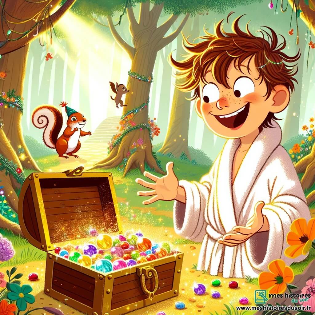 Une illustration sous forme de dessin destinée aux enfants représentant une clairière enchantée, baignée de lumière dorée, où un garçon de 7 ans, aux cheveux châtains en bataille et portant une cape en serviette de bain, se tient émerveillé devant un coffre débordant de bonbons colorés, tandis qu'un écureuil espiègle, avec une petite casquette et des yeux malicieux, danse autour de lui, le tout entouré de fleurs chantantes et d'arbres majestueux aux feuilles scintillantes, capturant l'esprit d'une aventure humoristique et magique.