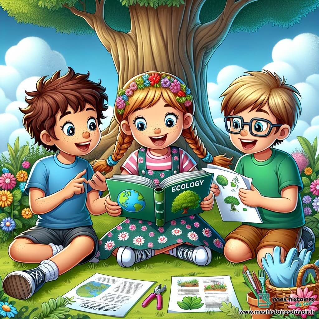 Illustration destinée aux enfants représentant un groupe de trois enfants de 9 ans, assis sous un grand chêne majestueux dans un parc verdoyant, entouré de fleurs colorées et d'arbustes. L'un des garçons, aux cheveux bruns et bouclés, porte un t-shirt bleu et un short, feuillette un livre sur l'écologie avec un air curieux. À côté de lui, une fille aux cheveux blonds tressés, vêtue d'une robe à fleurs, dessine des affiches sur un carnet, tandis qu'un autre garçon, avec des lunettes et un t-shirt vert, écrit des notes sur une feuille. Ensemble, ils discutent avec enthousiasme de leur projet pour sensibiliser leur village au changement climatique, avec des gants de jardinage et des sacs pour ramasser les déchets à leurs pieds, sous un ciel bleu éclatant.