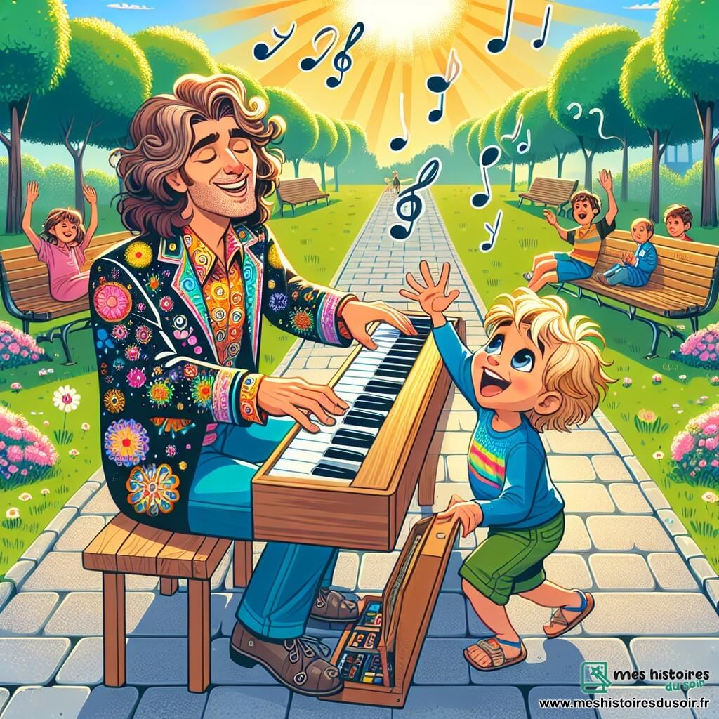 Illustration d'un parc ensoleillé de Melodiaville, avec des arbres aux feuilles vertes et des fleurs colorées dansant au vent. Au centre, un homme aux cheveux bruns et bouclés, en chemise à motifs colorés, est assis sur un banc en bois, souriant. Il joue du piano portable, ses doigts dansant sur les touches, créant une mélodie joyeuse qui attire les passants. À côté, un jeune garçon d'environ huit ans, avec des cheveux blonds et des yeux pétillants, tape des mains en rythme, son visage illuminé par un sourire émerveillé. La scène dégage une atmosphère de bonheur et de créativité, avec des notes de musique flottant dans l'air, symbolisant la magie de la musique qui unit les gens. Des enfants jouent en arrière-plan, ajoutant à l'ambiance festive de ce moment partagé.