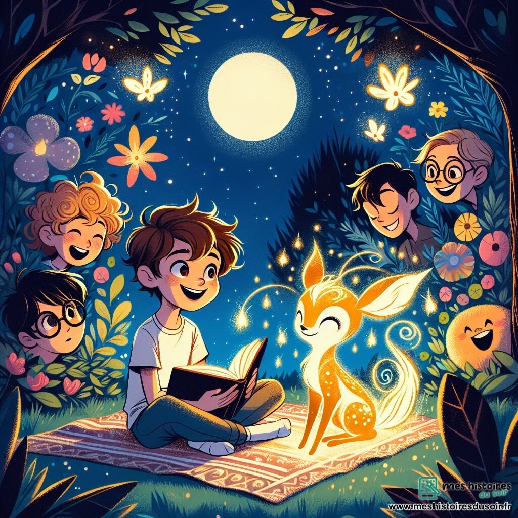 Illustration destinée aux enfants représentant un jardin enchanteur sous la lumière de la pleine lune, avec des arbres aux feuilles scintillantes et des fleurs colorées qui semblent danser dans la brise nocturne. Au centre, un garçon de 11 ans, aux cheveux châtains et aux yeux pétillants, est assis sur une couverture, un livre ouvert sur ses genoux, affichant un sourire émerveillé. À ses côtés, une petite créature lumineuse, ressemblant à un faon doré avec des yeux brillants, vole autour de lui, illuminant l'obscurité. Ensemble, ils partagent un moment de découverte, entourés d'ombres amicales qui prennent des formes joyeuses, tandis que d'autres enfants, une fille aux cheveux bouclés et un garçon aux lunettes, rient et chantent, transformant leurs peurs en une mélodie douce et rassurante.