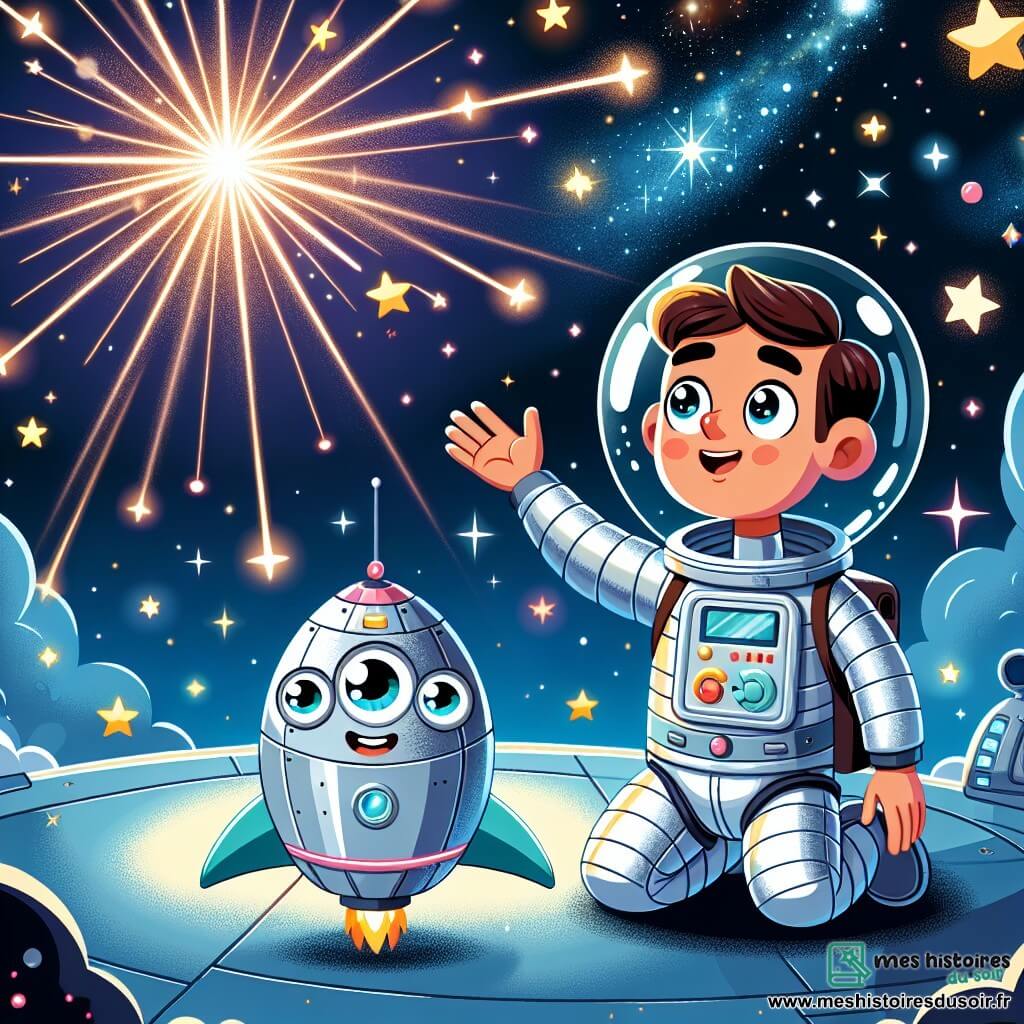 Une illustration sous forme de dessin destinée aux enfants représentant un vaisseau spatial argenté flottant dans un ciel étoilé, avec un homme aux cheveux bruns et aux yeux pétillants, vêtu d'une combinaison spatiale brillante, observant avec émerveillement une lumière mystérieuse qui scintille dans l'espace, tandis qu'un petit robot rond, souriant et coloré, flotte à ses côtés, tous deux captivés par la beauté des étoiles et prêts à explorer ce nouveau mystère.