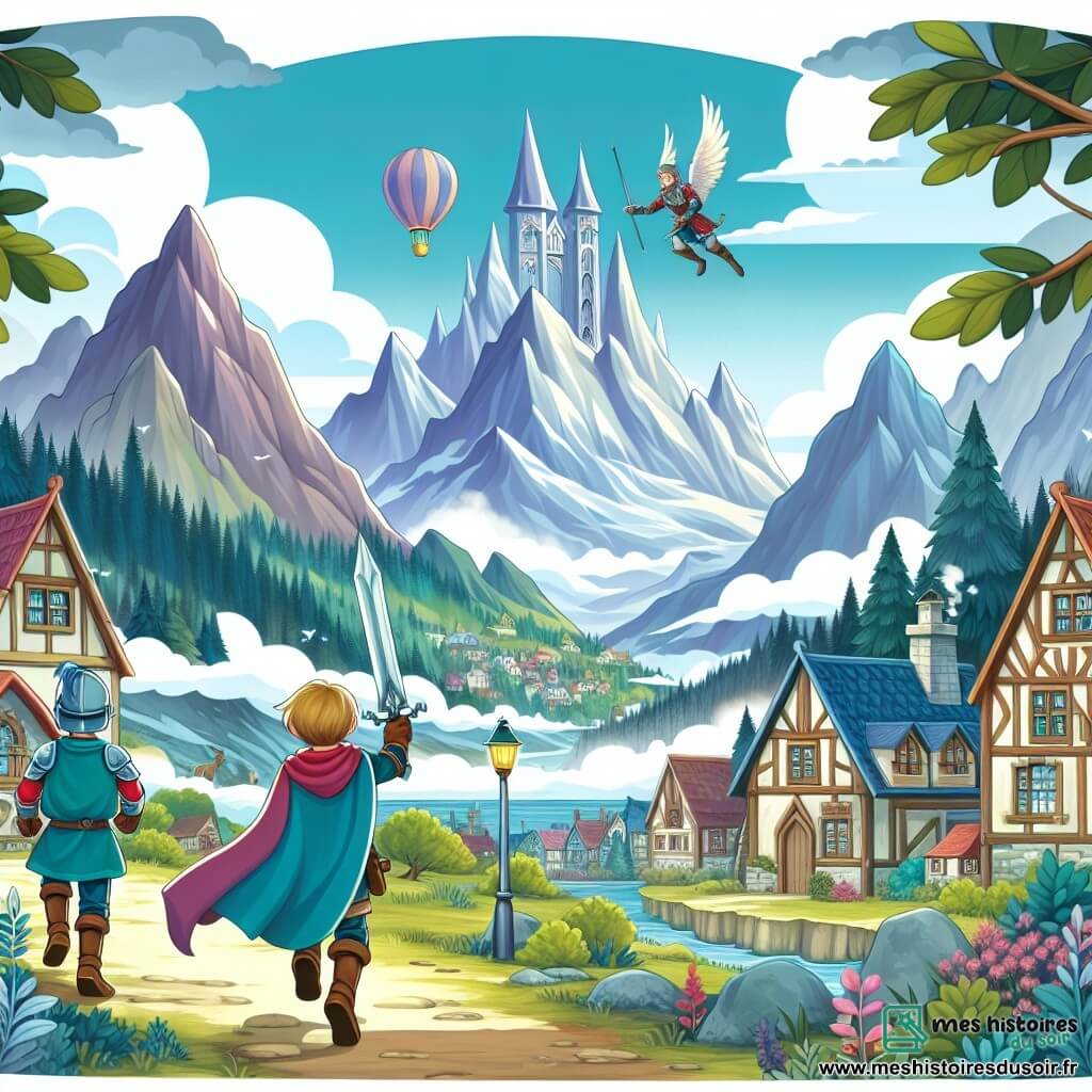 Une illustration destinée aux enfants représentant un guerrier courageux, se lançant dans une quête périlleuse pour sauver un royaume en danger, accompagné d'un mystérieux étranger, dans le village lumineux et paisible de Lumière, entouré de forêts mystérieuses et de montagnes majestueuses.