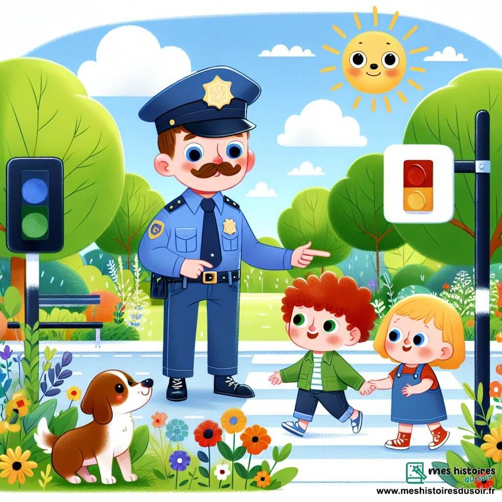 Une illustration sous forme de dessin destinée aux enfants représentant un parc ensoleillé avec des arbres verdoyants et des fleurs colorées, où un policier homme souriant, portant un uniforme bleu et un chapeau rigolo, montre à deux enfants, un garçon aux cheveux bruns et une fille aux cheveux blonds, comment traverser la rue en toute sécurité, tandis qu'un petit chien curieux les observe, illustrant l'importance de la sécurité et de l'amitié.