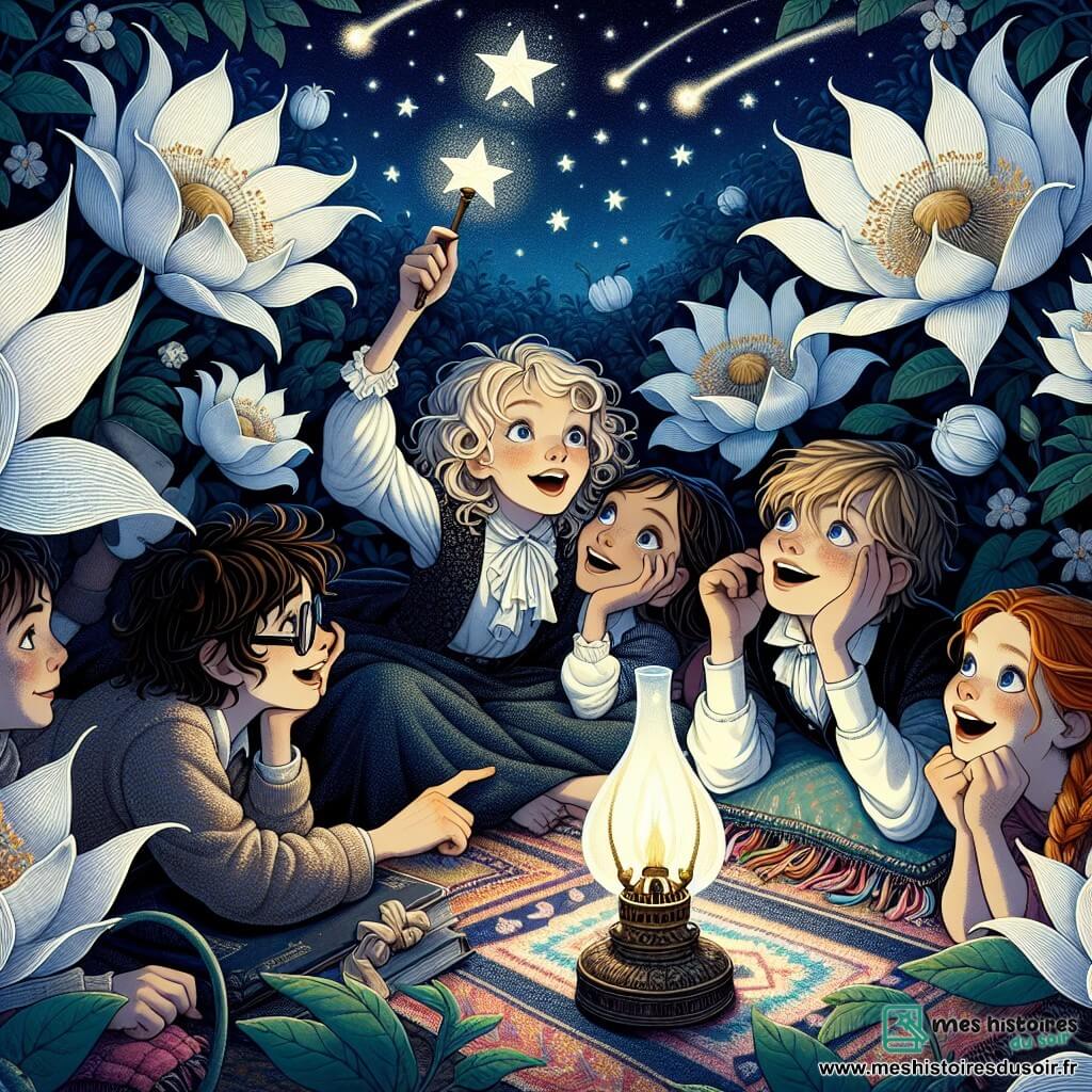 Illustration destinée aux enfants représentant un jardin enchanteur sous un ciel étoilé, où des fleurs nocturnes aux pétales argentés s'épanouissent dans l'obscurité. Au centre, un groupe de cinq enfants de 11 ans, quatre filles et un garçon, sont allongés sur des couvertures colorées. La fille aux cheveux bouclés et blonds, souriante, tient une lampe à huile qui éclaire leurs visages émerveillés, tandis qu'une autre fille, aux cheveux bruns et lisses, rit en pointant une étoile filante. Le garçon, avec des lunettes et des cheveux châtains, semble captivé par une histoire qu'il raconte, tandis que les deux autres filles, l'une aux cheveux roux et l'autre avec une tresse, écoutent attentivement, leurs yeux brillants d'excitation. L'atmosphère est magique, remplie de curiosité et de camaraderie, avec des ombres dansantes projetées par la lumière des lampes, créant une ambiance chaleureuse et accueillante malgré la nuit.