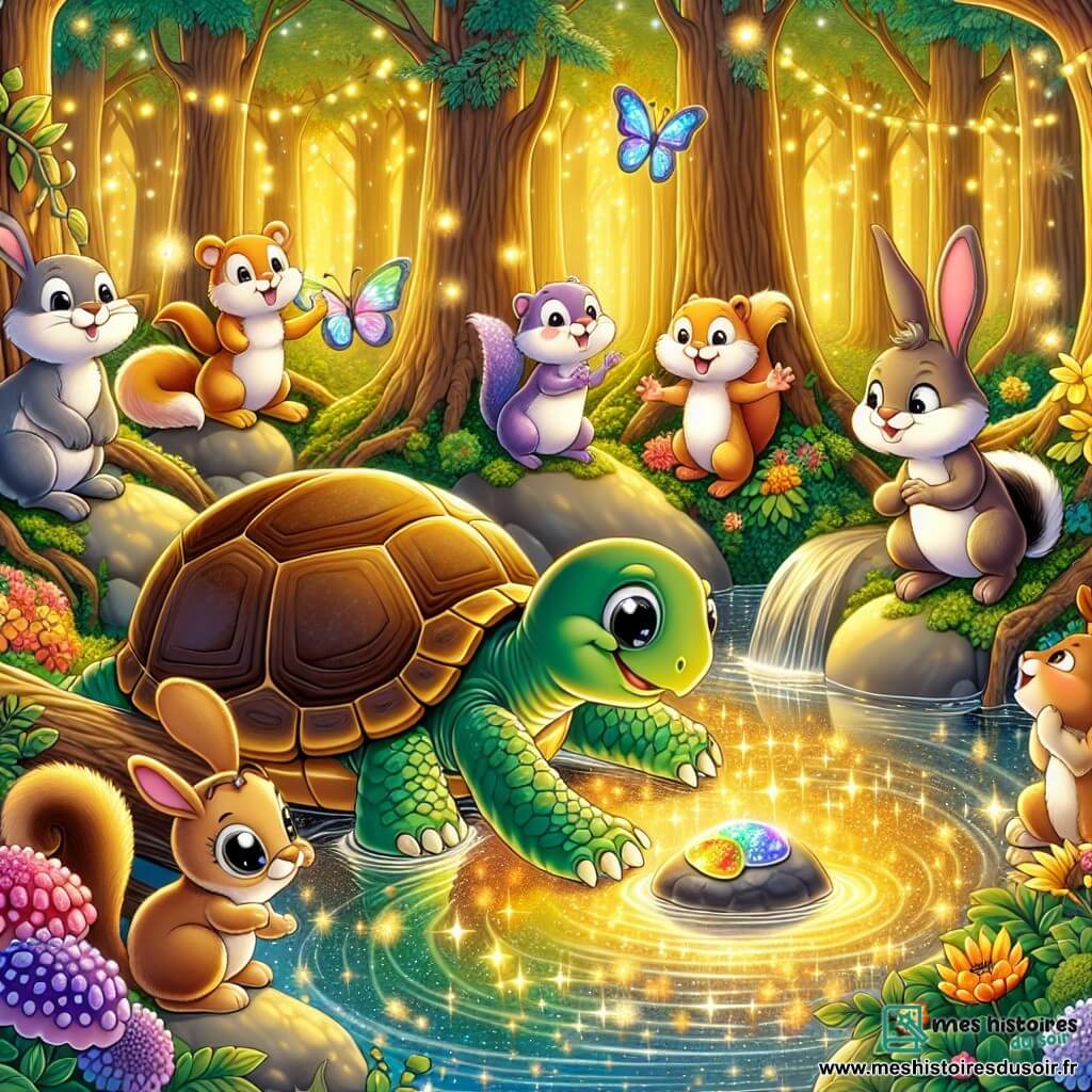 Une illustration sous forme de dessin destinée aux enfants représentant une forêt enchantée baignée de lumière dorée, avec une tortue aux écailles brillantes et aux yeux pétillants, curieusement penchée au-dessus d'une rivière scintillante pour observer une pierre magique, tandis qu'un groupe d'animaux joyeux, comprenant un lapin aux grandes oreilles, un écureuil aux poils soyeux et un hérisson aux piquants doux, s'amusent autour d'elle, créant une atmosphère de camaraderie et d'émerveillement, avec des fleurs colorées et des papillons dansant autour d'eux.