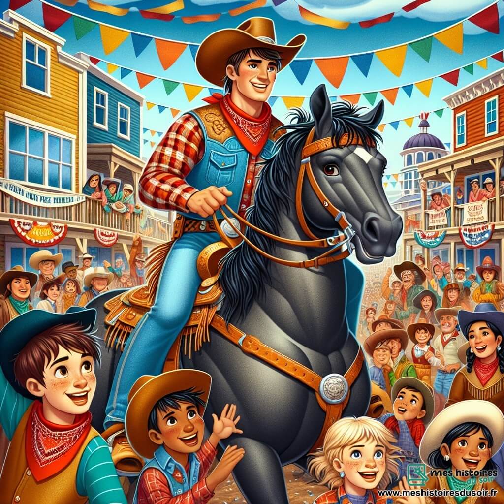 Illustration d'une foire animée dans une petite ville de l'Ouest américain, avec des bâtiments en bois colorés, des banderoles flottant et une foule joyeuse de familles. Au centre, un cow-boy souriant d'environ 20 ans, portant un large chapeau, une chemise à carreaux rouge et bleu, et un pantalon en denim, est monté sur un cheval noir nommé Tornade, prêt pour une compétition de rodéo. À ses côtés, un autre cow-boy de 18 ans, avec un bandana rouge, l'encourage avec un sourire, tandis qu'un groupe d'enfants observe avec émerveillement. En arrière-plan, des Indiens en costumes traditionnels ajoutent de la diversité à la scène. L'atmosphère est joyeuse et dynamique, capturant l'esprit d'aventure de l'Ouest sauvage.