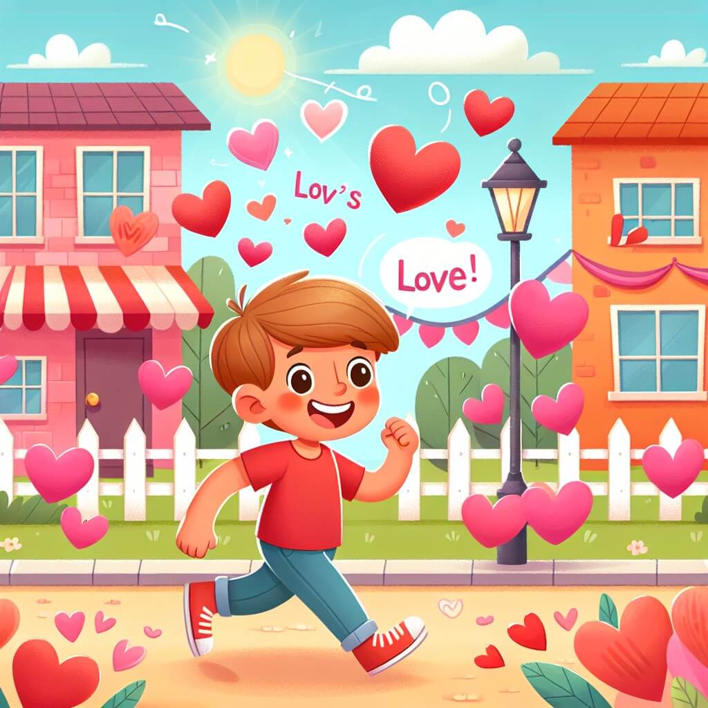 Une illustration destinée aux enfants représentant un jeune garçon plein d'enthousiasme, dans une petite ville colorée, où il découvre l'amour et l'amitié lors d'une fête de la Saint-Valentin au parc.