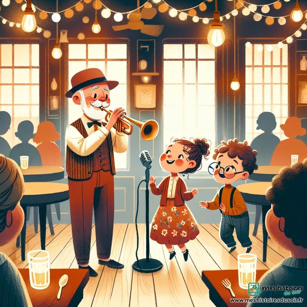 Une illustration sous forme de dessin destinée aux enfants représentant un petit club de jazz chaleureux avec des lumières douces et des tables en bois, où un homme aux cheveux grisonnants et au sourire chaleureux joue de la trompette sur scène, entouré de deux enfants : une petite fille aux cheveux bouclés, émerveillée et dansant, et un petit garçon curieux aux lunettes, qui applaudit avec enthousiasme, capturant l'instant magique d'un concert joyeux où la musique unit les cœurs.