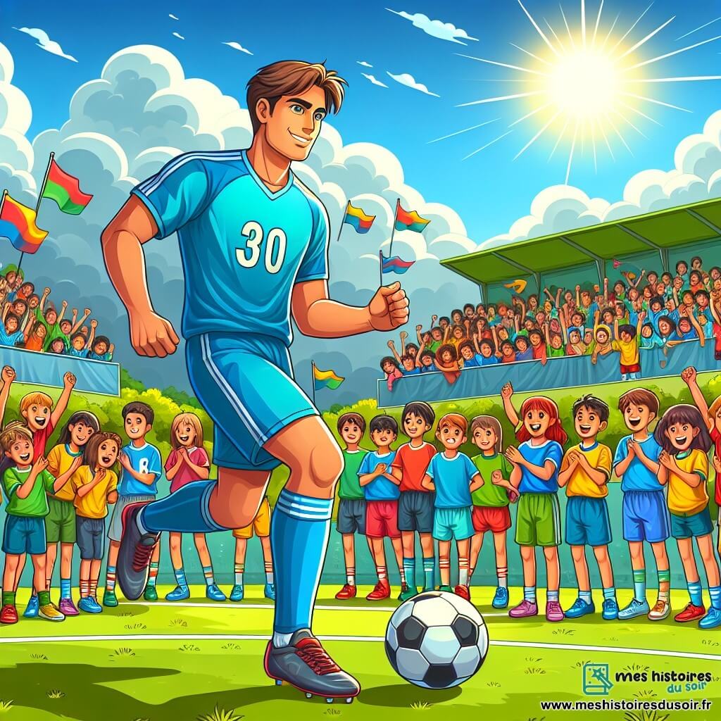 Illustration d'un terrain de football vibrant sous un ciel bleu, avec des gradins pleins de supporters brandissant des drapeaux colorés. Au centre, un homme athlétique d'une trentaine d'années, en maillot bleu et shorts assortis, dribble le ballon avec concentration. Autour de lui, des enfants d'environ dix ans, garçons et filles, admirent et encouragent leur héros, certains levant les bras. La scène montre l'homme feintant un adversaire invisible, tandis que les enfants expriment leur joie. En arrière-plan, des arbres verdoyants et un soleil radieux ajoutent une atmosphère joyeuse.