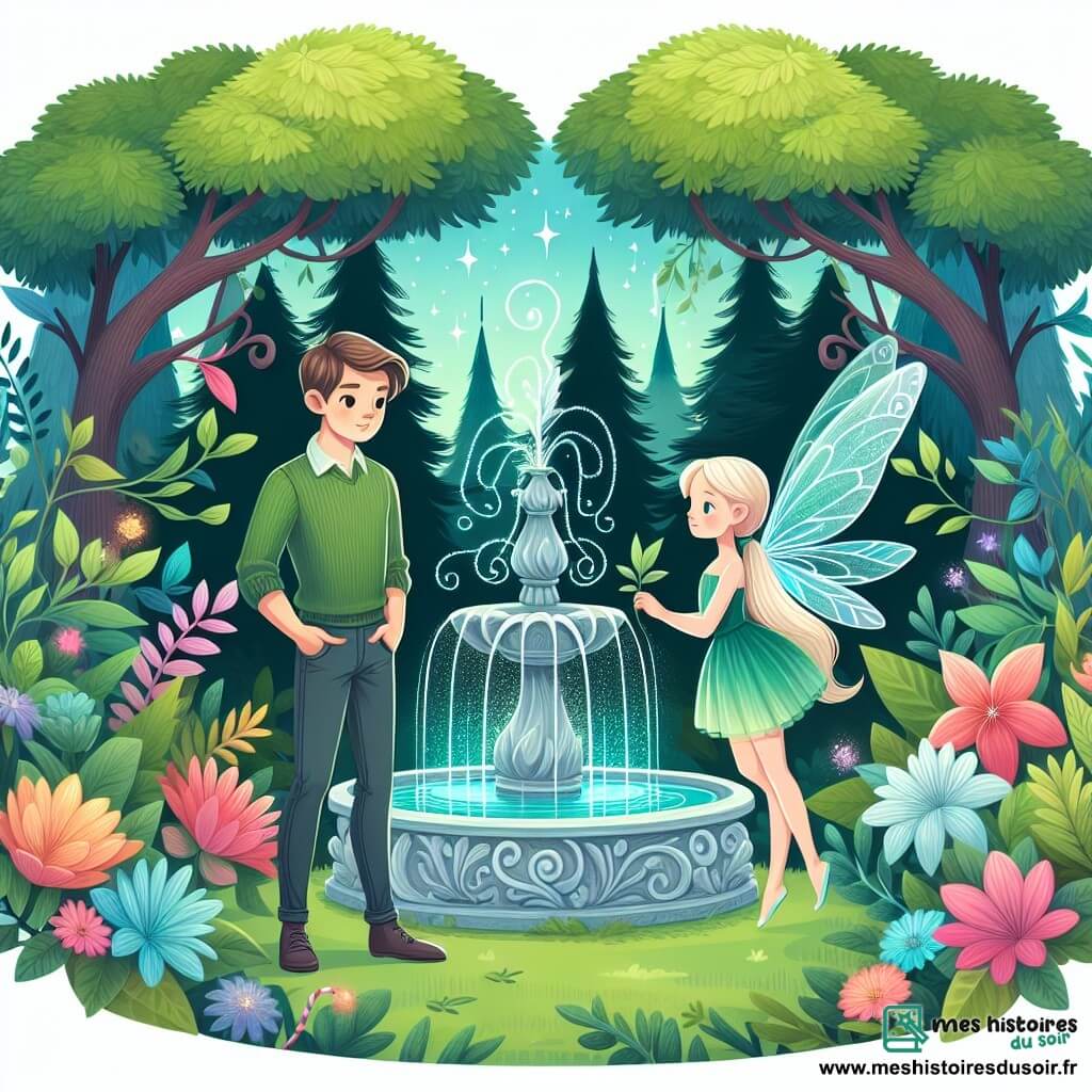 Une illustration destinée aux enfants représentant un jeune homme rêveur, se tenant devant une mystérieuse fontaine enchantée, accompagné d'une fée aux ailes translucides, dans une clairière verdoyante, entourée d'arbres majestueux et de fleurs aux couleurs vives.