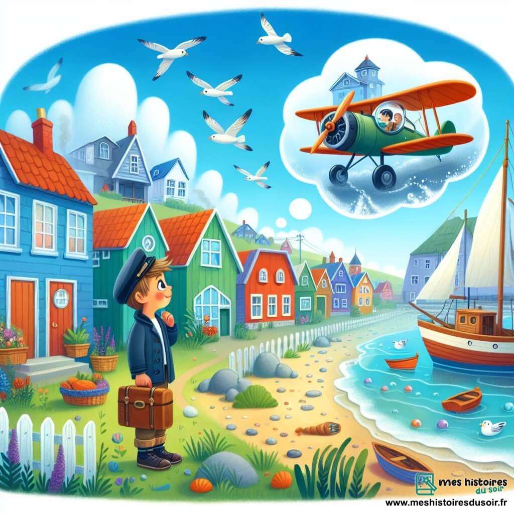 Une illustration destinée aux enfants représentant un jeune garçon rêvant de devenir pilote d'avion, rencontrant un mystérieux capitaine d'aviation, dans un petit village au bord de la mer avec des maisons colorées, des bateaux de pêche et des mouettes volant dans le ciel.