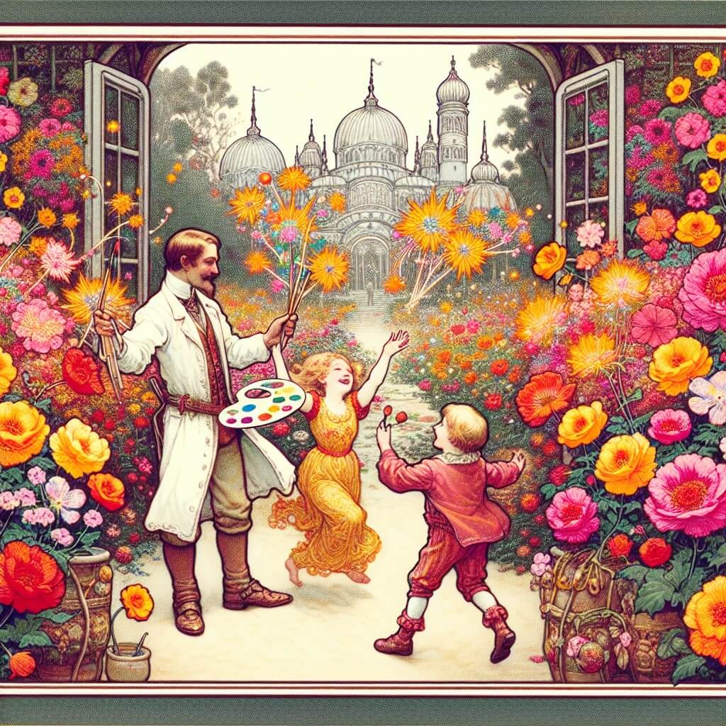 Une illustration destinée aux enfants représentant un homme talentueux et passionné d'art, qui rencontre deux enfants joyeux dans un jardin enchanté rempli de fleurs colorées aux senteurs enivrantes.