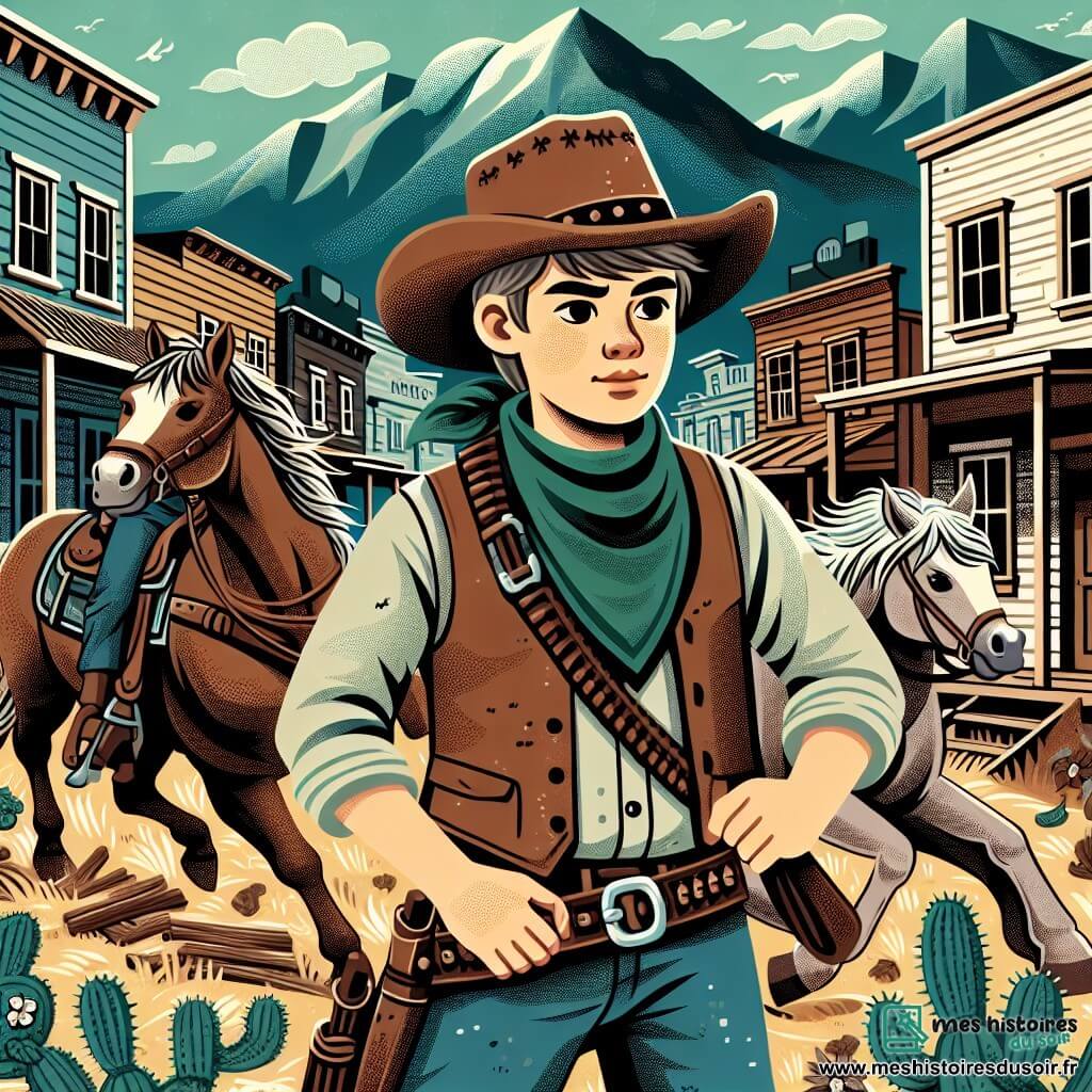 Une illustration destinée aux enfants représentant un jeune cow-boy courageux, se tenant au milieu d'une bagarre entre cow-boys, accompagné de son fidèle cheval, dans une ville de l'Ouest américain avec des maisons en bois et des montagnes en arrière-plan.