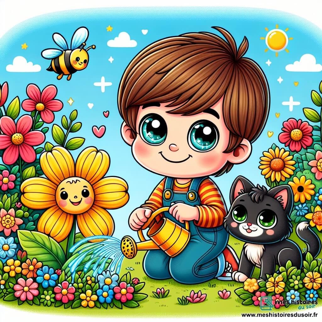 Une illustration sous forme de dessin destinée aux enfants représentant un jardin coloré rempli de fleurs éclatantes sous un ciel bleu, où un garçon de 5 ans aux cheveux châtains et aux yeux pétillants, agenouillé avec un sourire doux, arrose une fleur jaune tout en parlant à une petite abeille posée à côté, tandis qu'un chat noir aux yeux verts, curieux et joueur, s'approche en se frottant contre ses jambes, symbolisant la beauté de la vie et l'importance de célébrer les souvenirs des êtres chers.